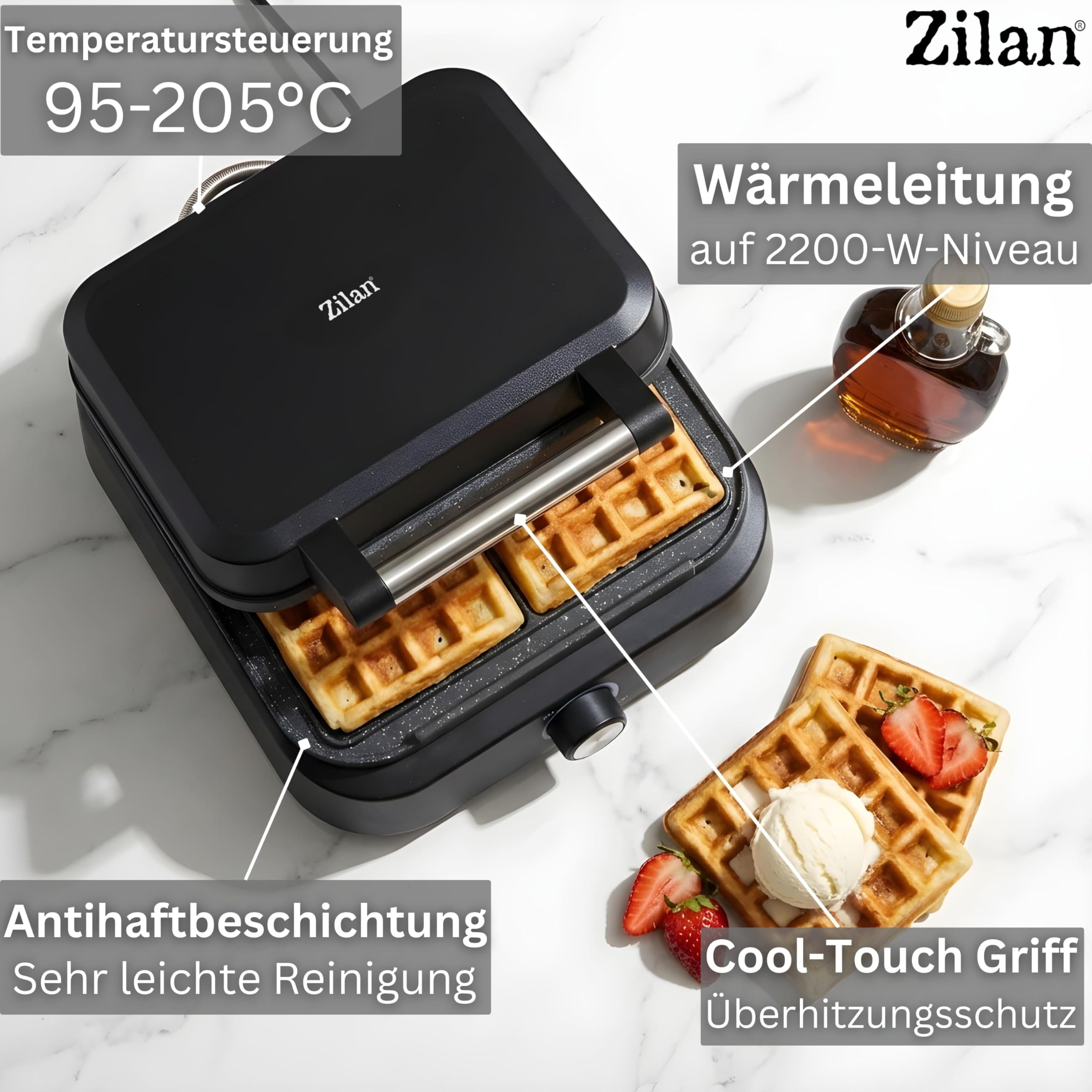 Gofrera belga doble – Placas XXL 1500 W 95 °C – 205 °C – Gofrera para hacer gofres, revestimiento antiadherente, color negro mate, tecnología Cool-Touch, canal de desbordamiento