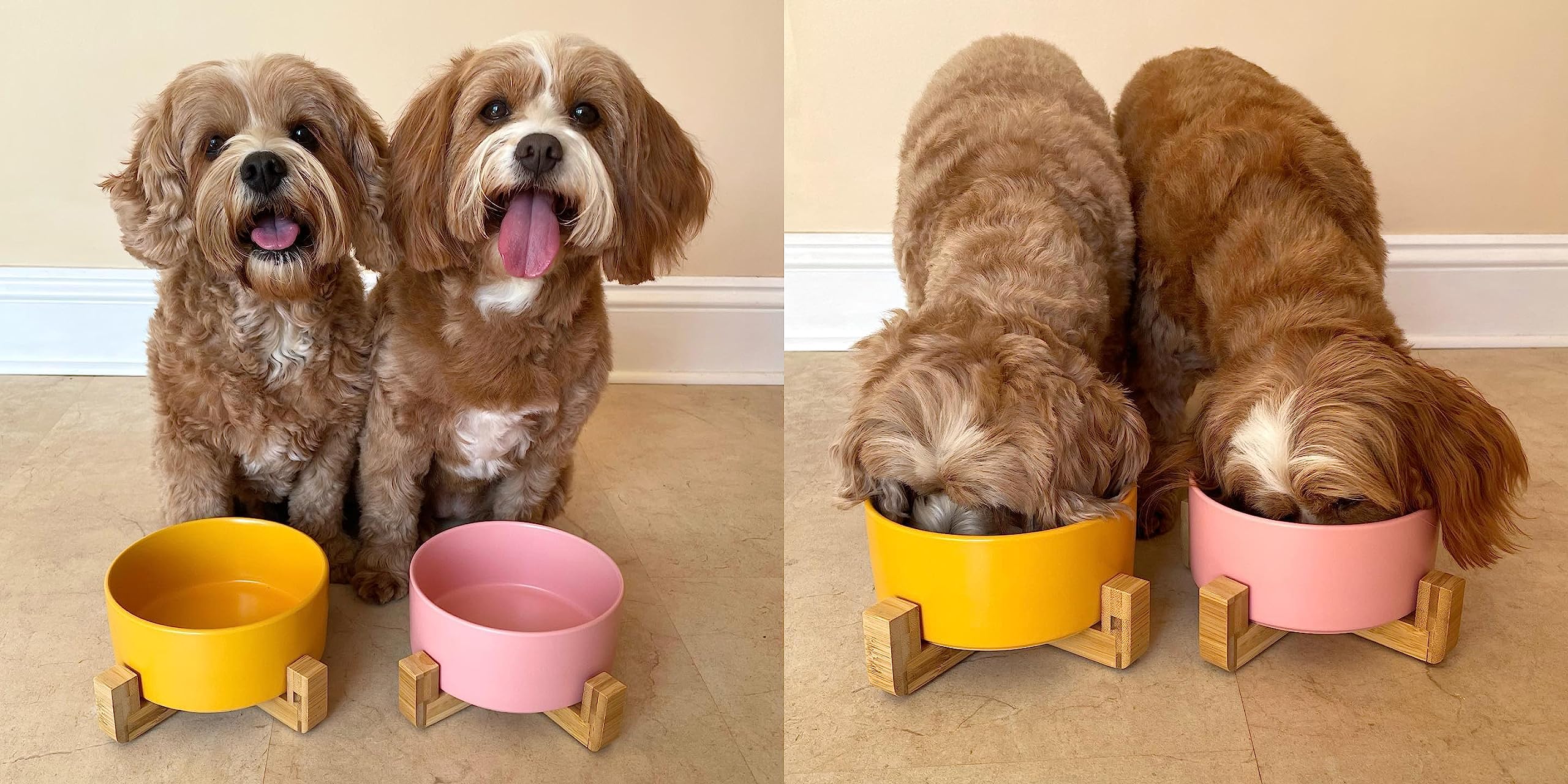 Ciotola in ceramica per cani e gatti con supporto in bambù, rialzata 850 ml rosa