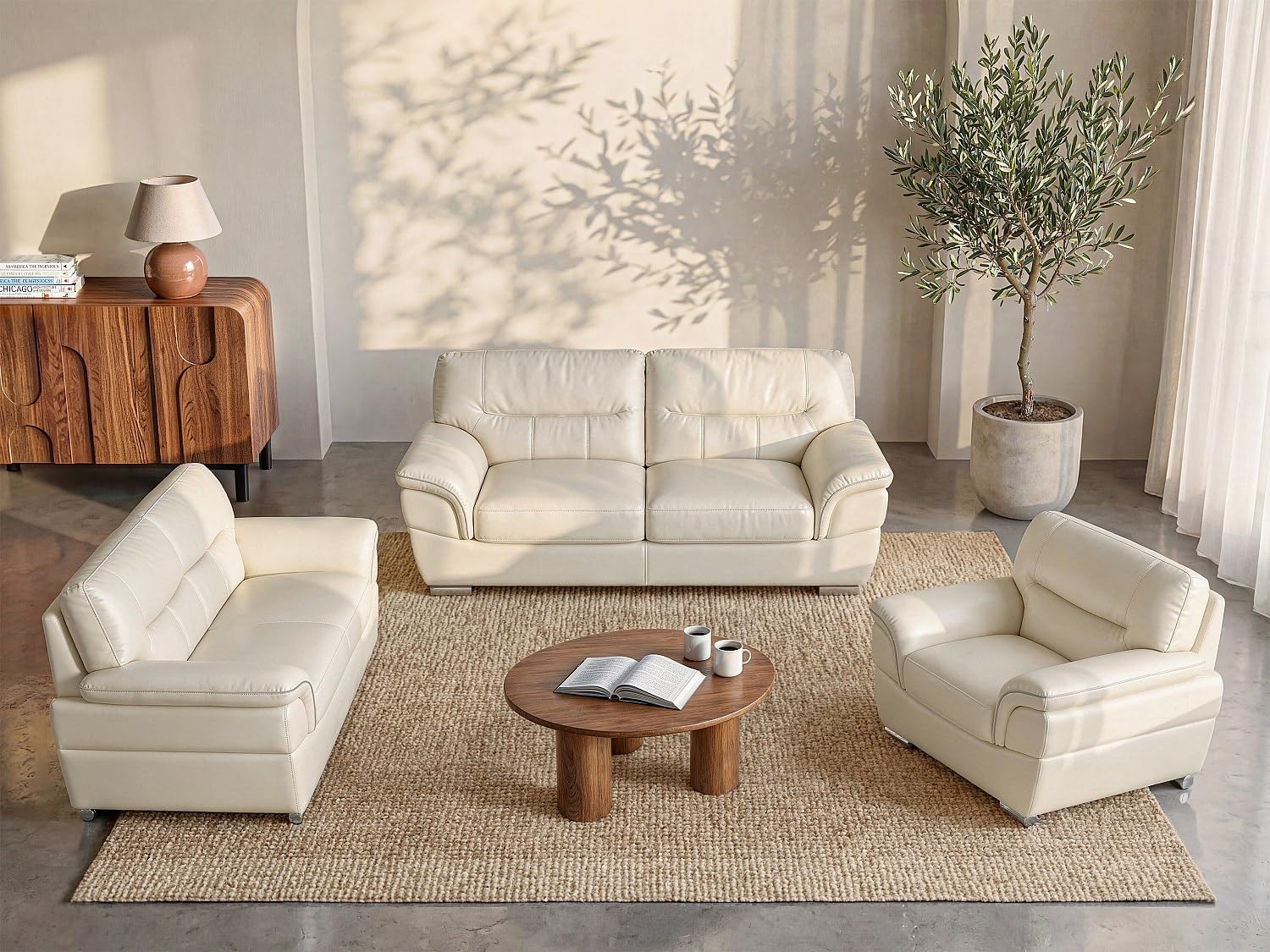 Vente-unique - Canapés 3 Places 2 Places et Un Fauteuil en Cuir Thibault - Ivoire