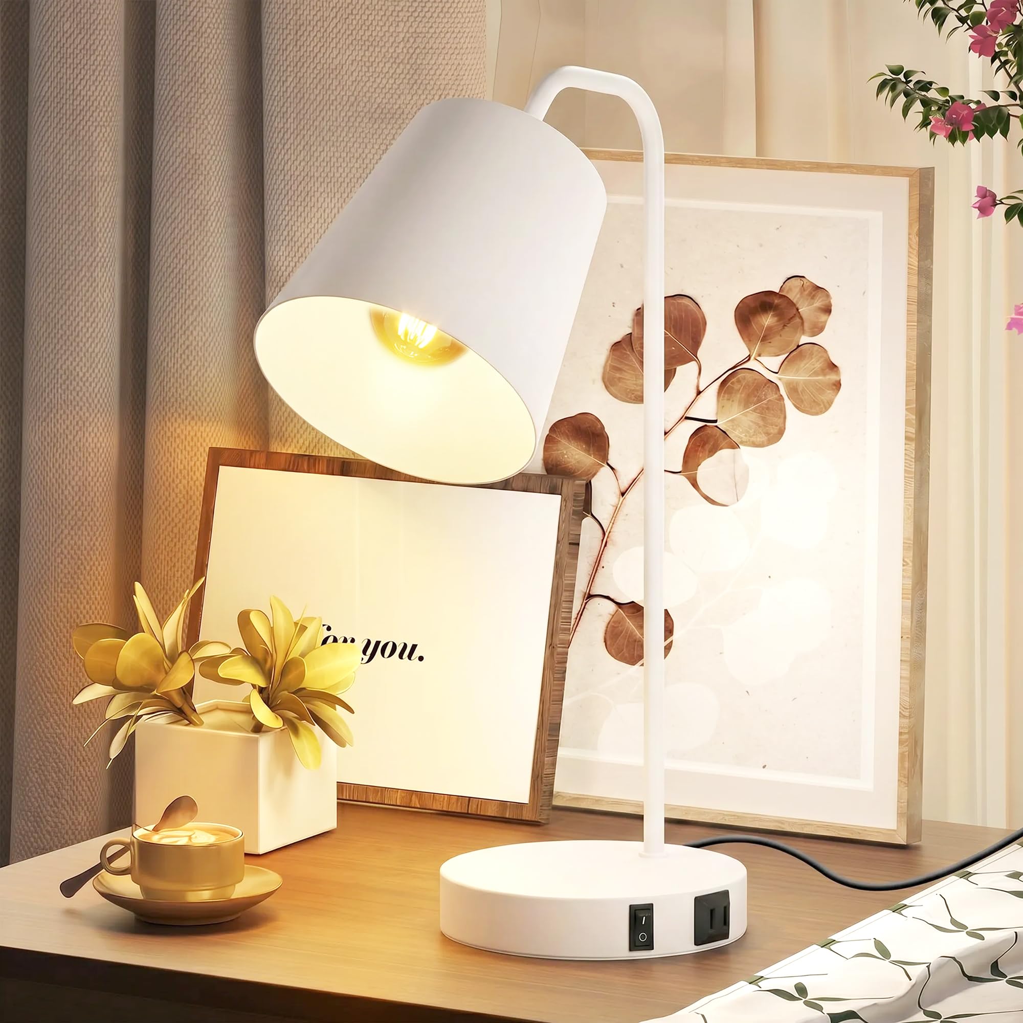 HOMCOM Set di 2 Lampade da Tavolo Moderne, Lampade da Scrivania in Acciaio con Porte USB, Attacco E27, Lampadina non Inclusa, per Salotto, Studio e Camera da Letto, Bianco