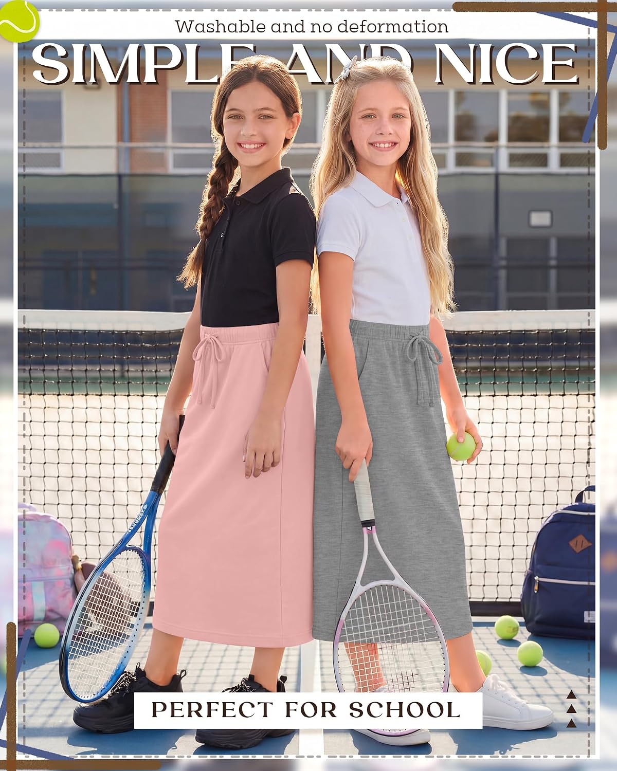 4 Pack Girls Sweat Skirts Kids Long Midi Skirts Drawstring Elastic Waist Cute Back Slit with Pockets for 5-16 Years