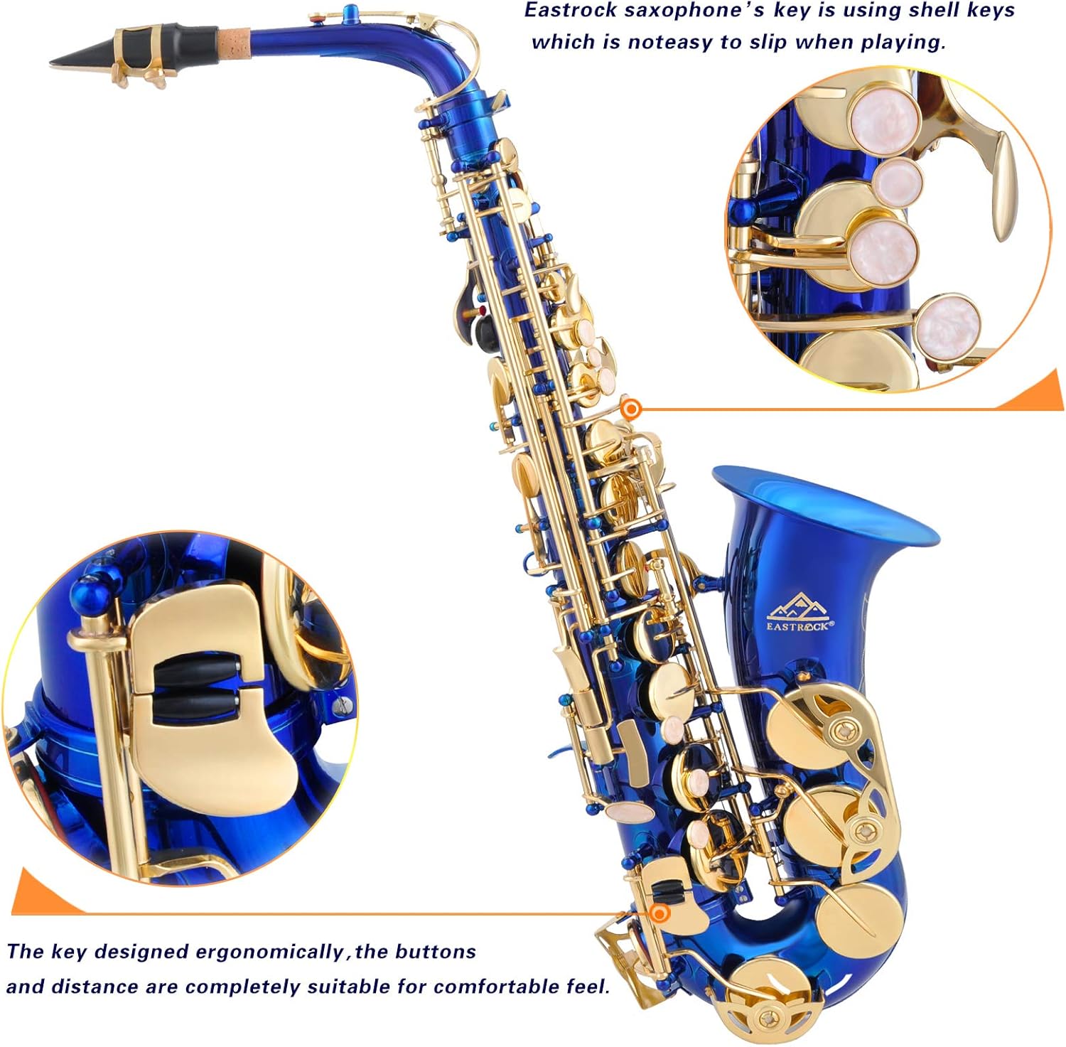 eastrock dark blue/golden alto saxophone e flat sax full kit for students beginner with carrying case,mouthpiece,mouthpiece cushion pads,cleaning cloth&cleaning rod,white gloves,neck strap