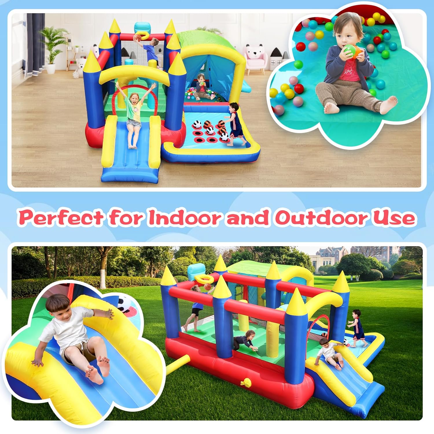 7 in 1 Inflatable Bounce House with Ball Pit, Kids Bouncy Castle with Obstacles for Indoor & Outdoor Party, Toddler Jump House for Birthday Family Fun, ETL Blower Included