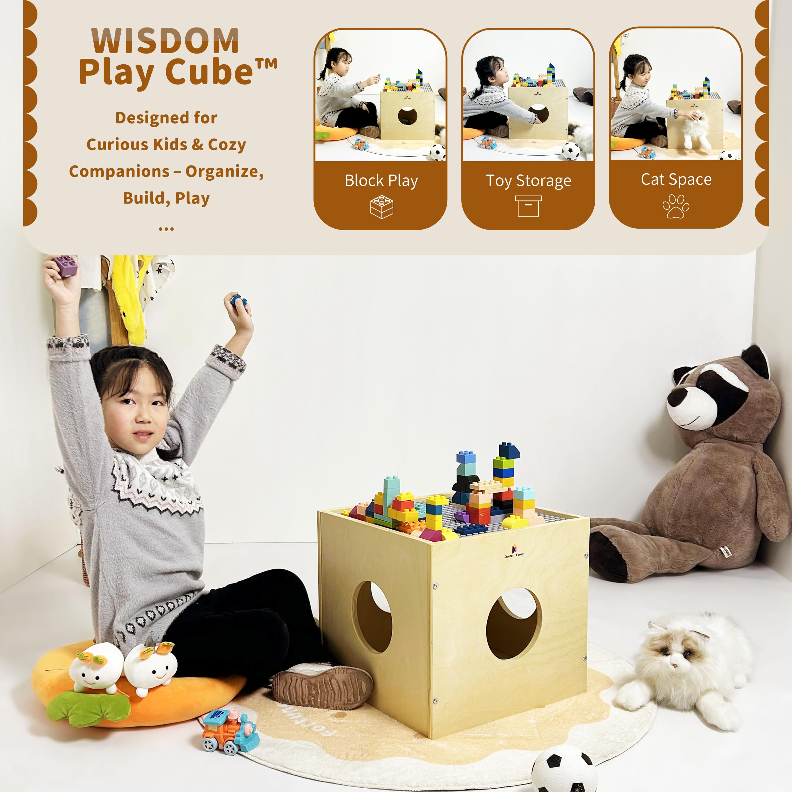 Wisdom Play Cube - Mesa Montessori 5 en 1 para juegos y actividades para niños, organizador de almacenamiento de caja de juguetes, bloques de construcción y placa base, escondite de 2