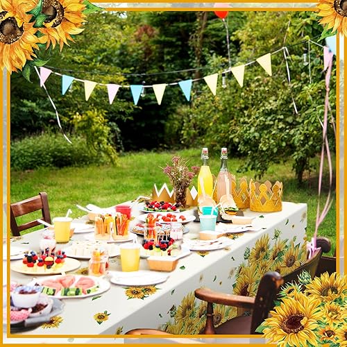 Miniatura 2 de Bencailor 6 manteles rectangulares de plástico con diseño de girasol a cuadros, decoración de fiesta de girasol, mantel de plástico floral para mesa