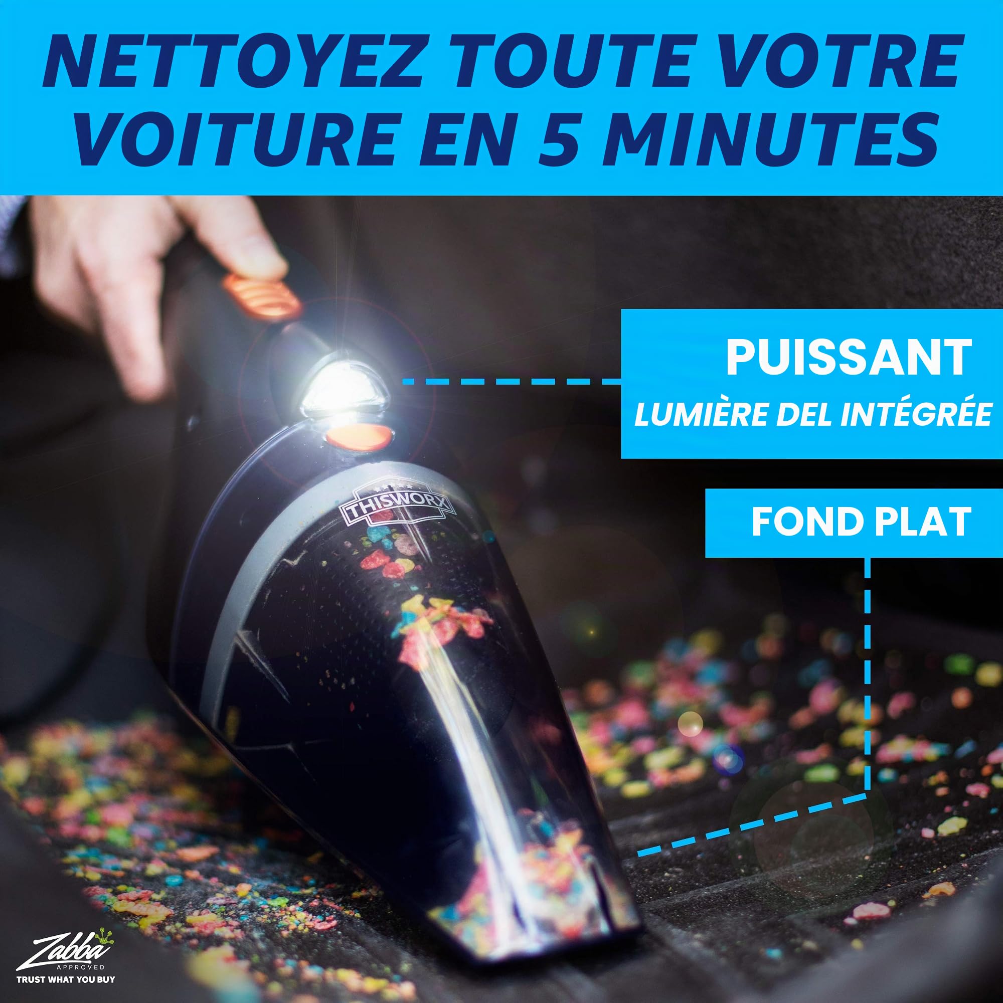 ThisWorx Aspirateur Voiture Puissant Sans Fil, Mini Aspirateur a Main 12V pour Nettoyage Voiture, 2 Vitesses, Lampe LED, 110 Watts