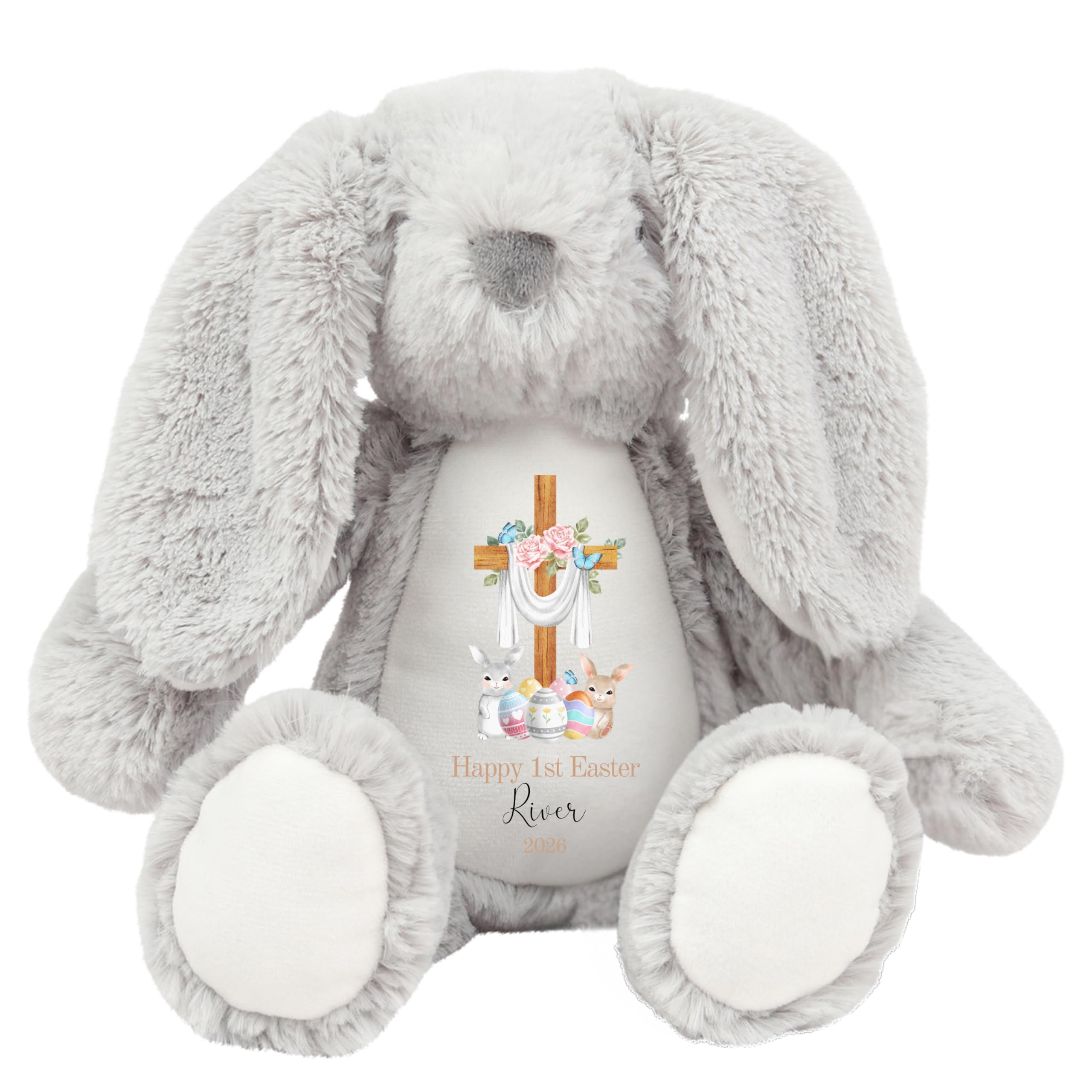 HotScamp Personalised Easter Bunny with Name - Happy 1st Easter 2026 Cross Egg Sunday Christian Jesus - Soft Toy for Baby, Toddler, Child, Kids, Babies Spring Time - Grey Bunny