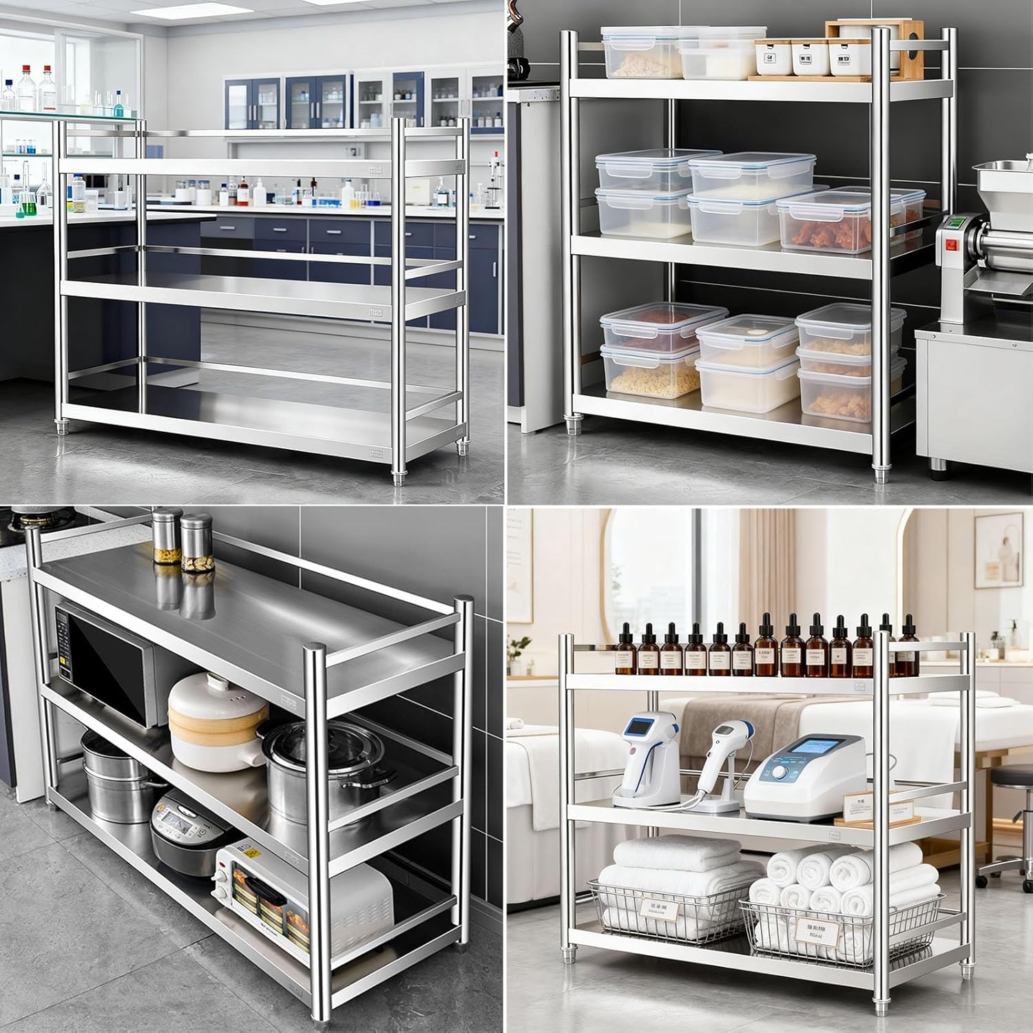 Three-Tier Stainless Steel Workbench with Guardrails Floor-Standing Worktable Platform Open Storage Shelves Adjustable Shelves Metal Packing Table Packing Countertop(70x30x100cm/27.6x11.8x39.4”)