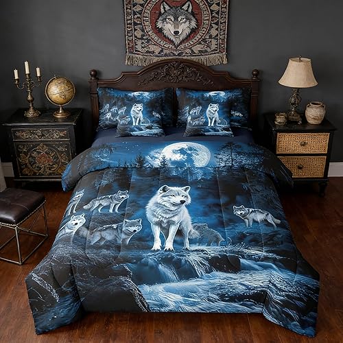 Erosebridal Wolf Comforter 7 Pieces Queen Size for Kids Boys Teen,Moon Lake Deco