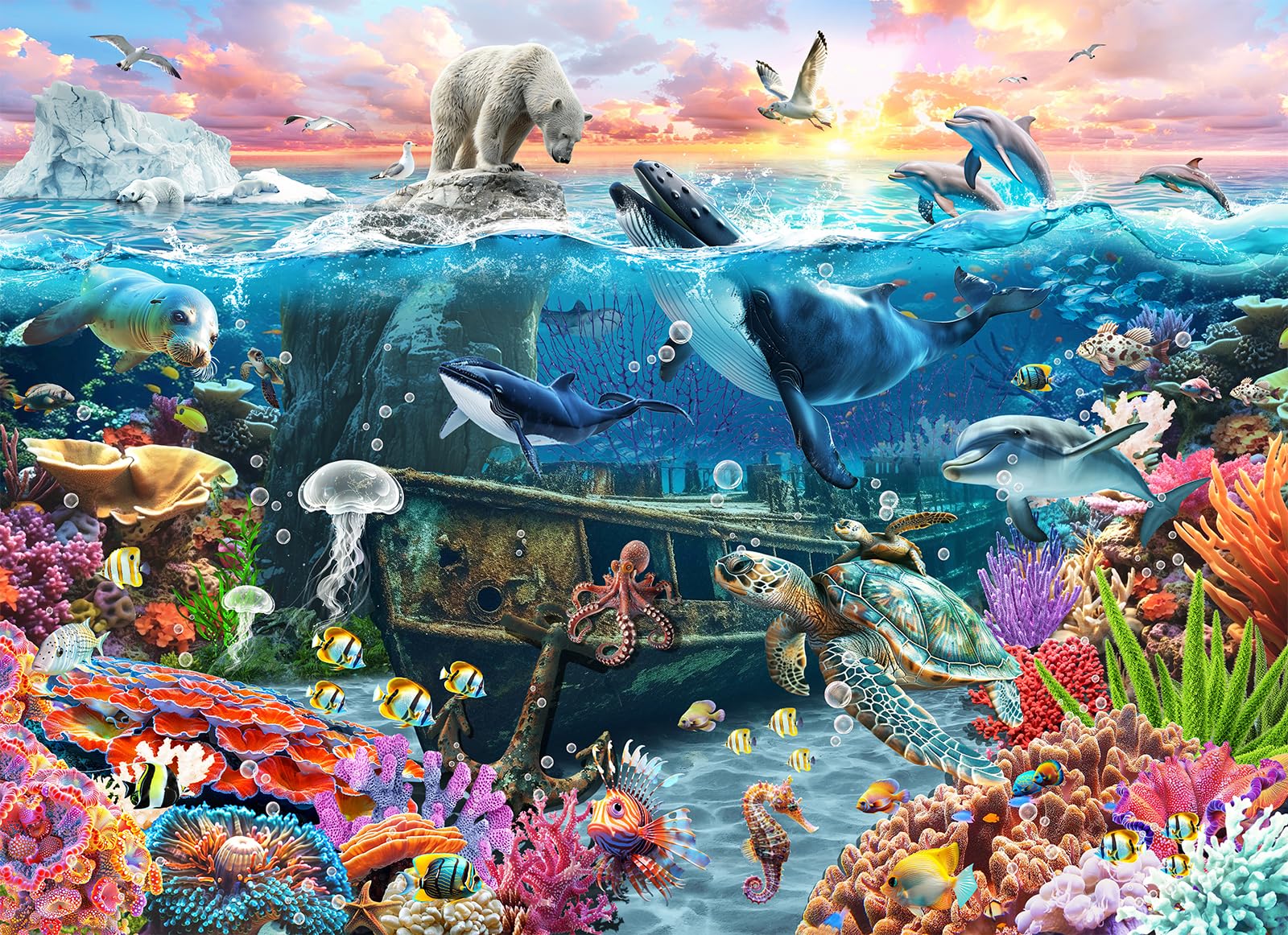 Cross & Glory – Beneath The Waves: Shark's Colorful Realm – 1000 Teile Puzzle, Ozean-Motiv, Umweltfreundlich, Satin-Finish, 50,8 X 68,6 Cm