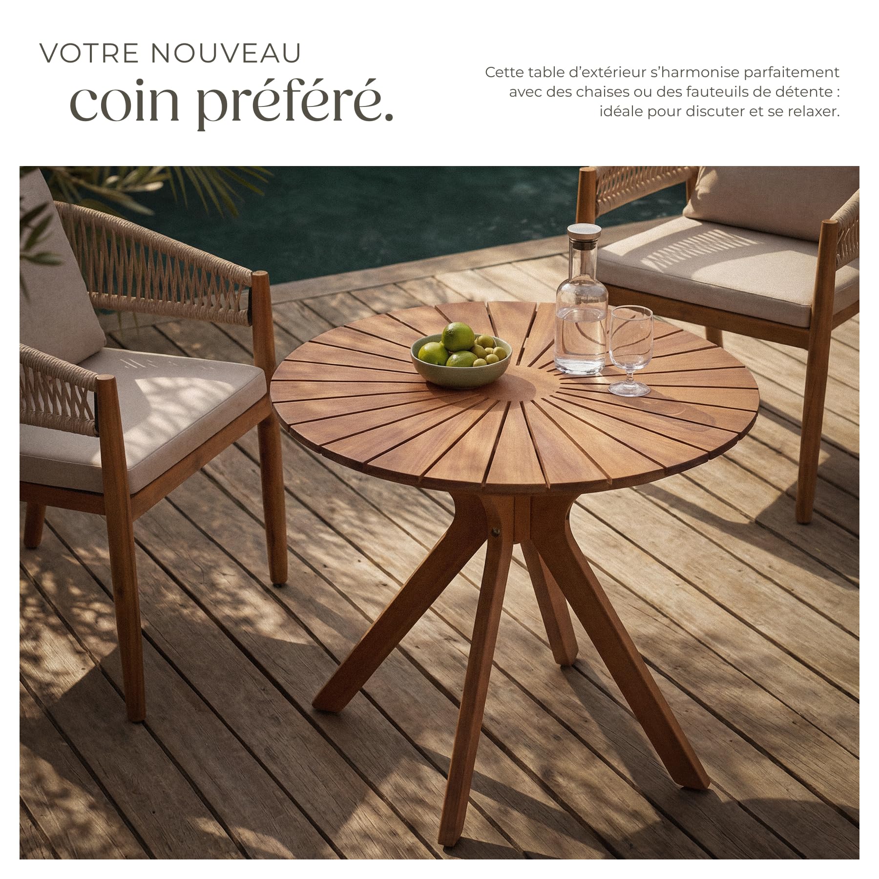 tectake® Table de Jardin Ronde Ø70 x 62 cm, Résistante aux intempéries, Table extérieure en Bois d'acacia, Plateau en Forme de Soleil, Piètement en X, Pieds réglables en Hauteur, Mobilier de Jardin