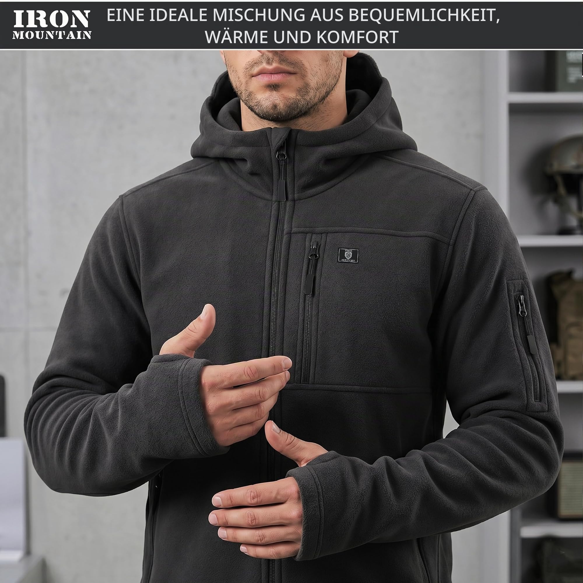 Iron Mountain Herren Fleece Hoodie mit Reißverschluss – Technischer Kapuzenpullover Winddicht, Thermo Workwear Jacke mit Mehreren Taschen, Outdoor Sweatshirt Winter