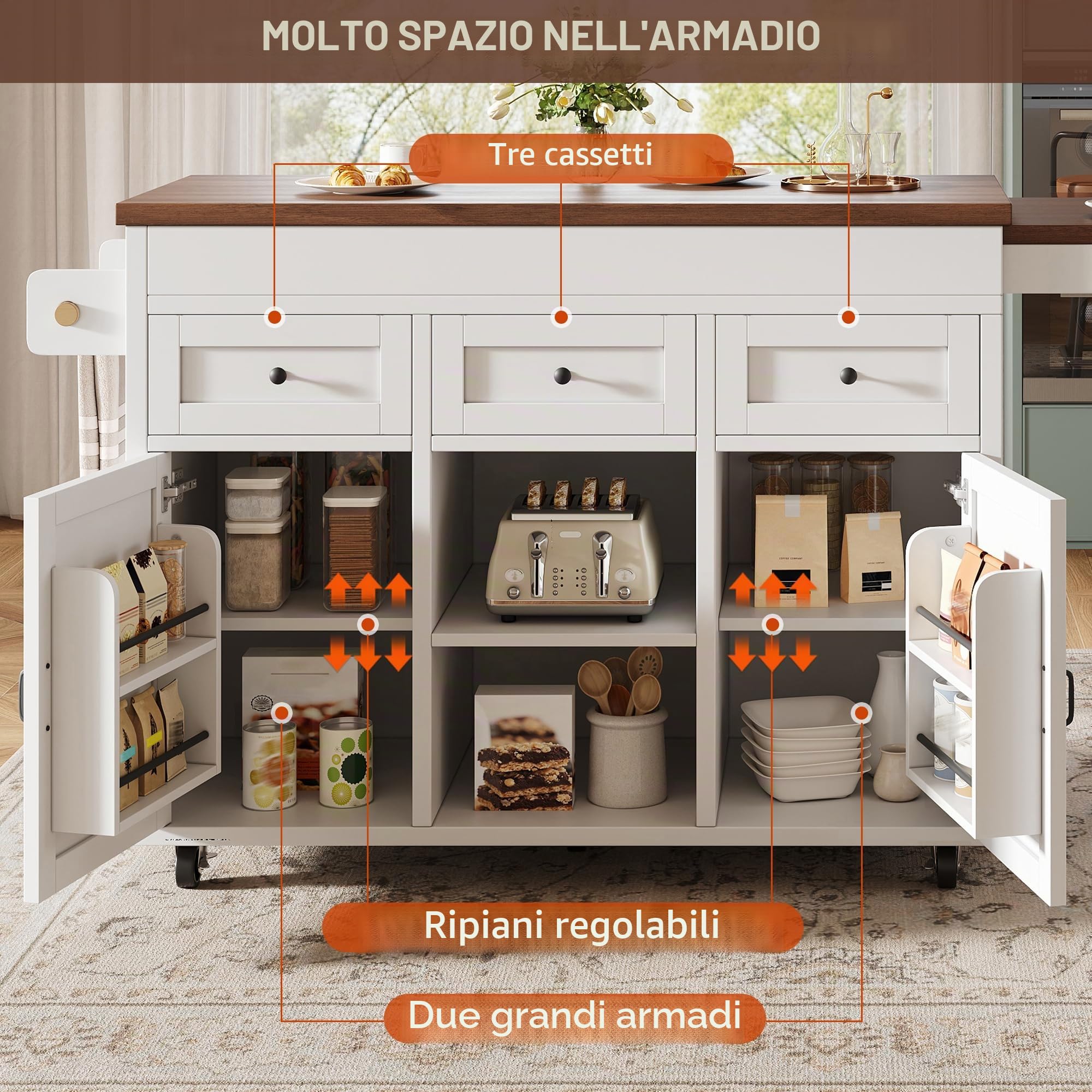 Kebnor Isola cucina con vano portaoggetti, tavolo da pranzo allungabile tavolo da bar (131,5-210 cm), girevole a 360°, con cassetti e armadi, piano di lavoro versatile per cucina, sala da pranzo e
