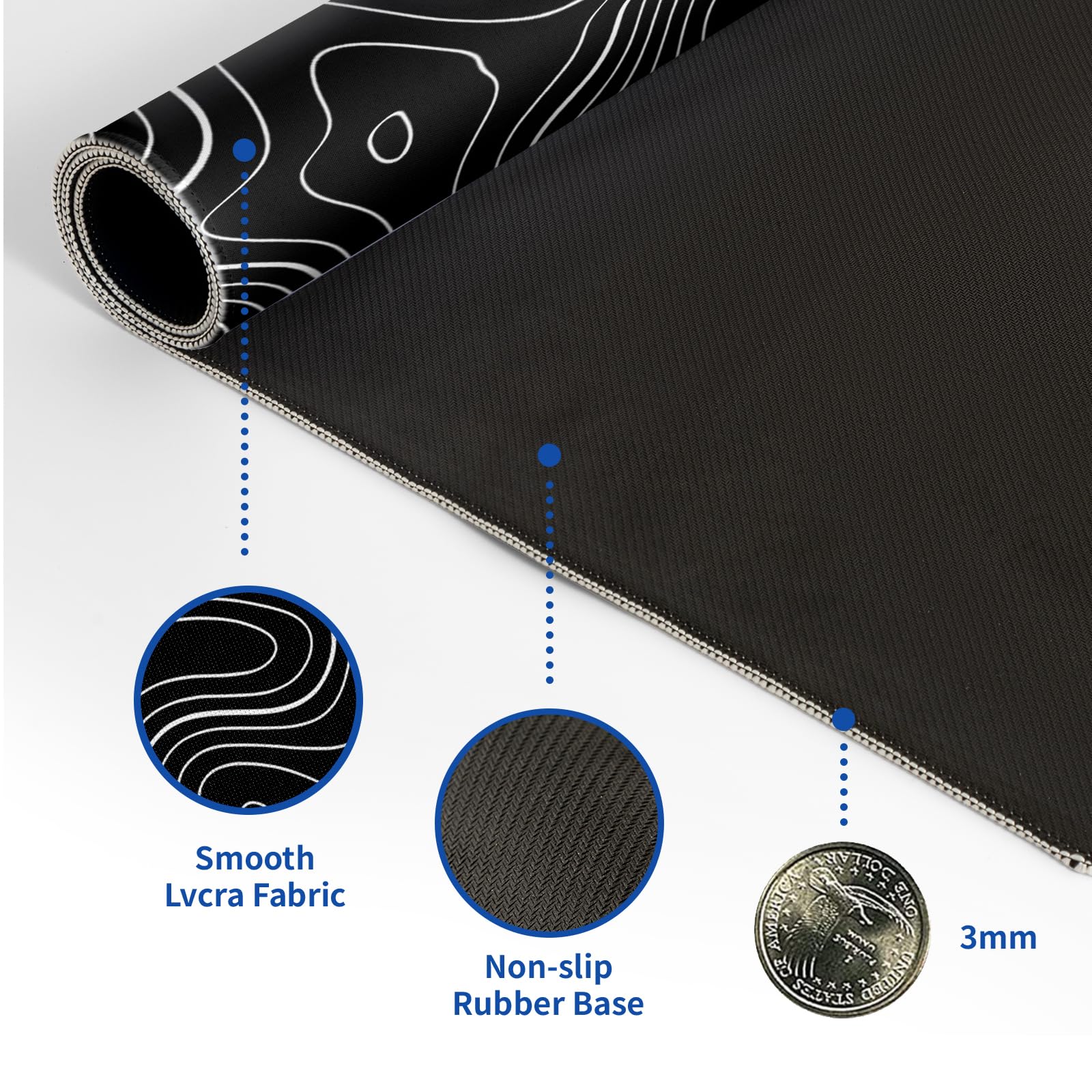 Tappetino Per Mouse XXL 80x30 Cm Con Contorno Topografico 3D Nero - Base Antiscivolo, Bordi Cuciti, Superficie Liscia, Impermeabile