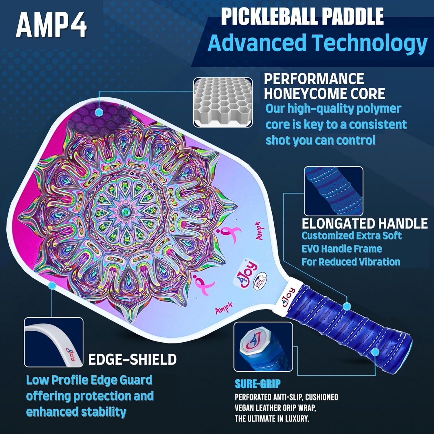 4Joy AMP4 Pickleball Paddle – T700 Carbon Fiber, Lightweight 7.5 oz, Wide Face for Control, 14mm Core, Beginner to Low-Intermediate - USAP Approved