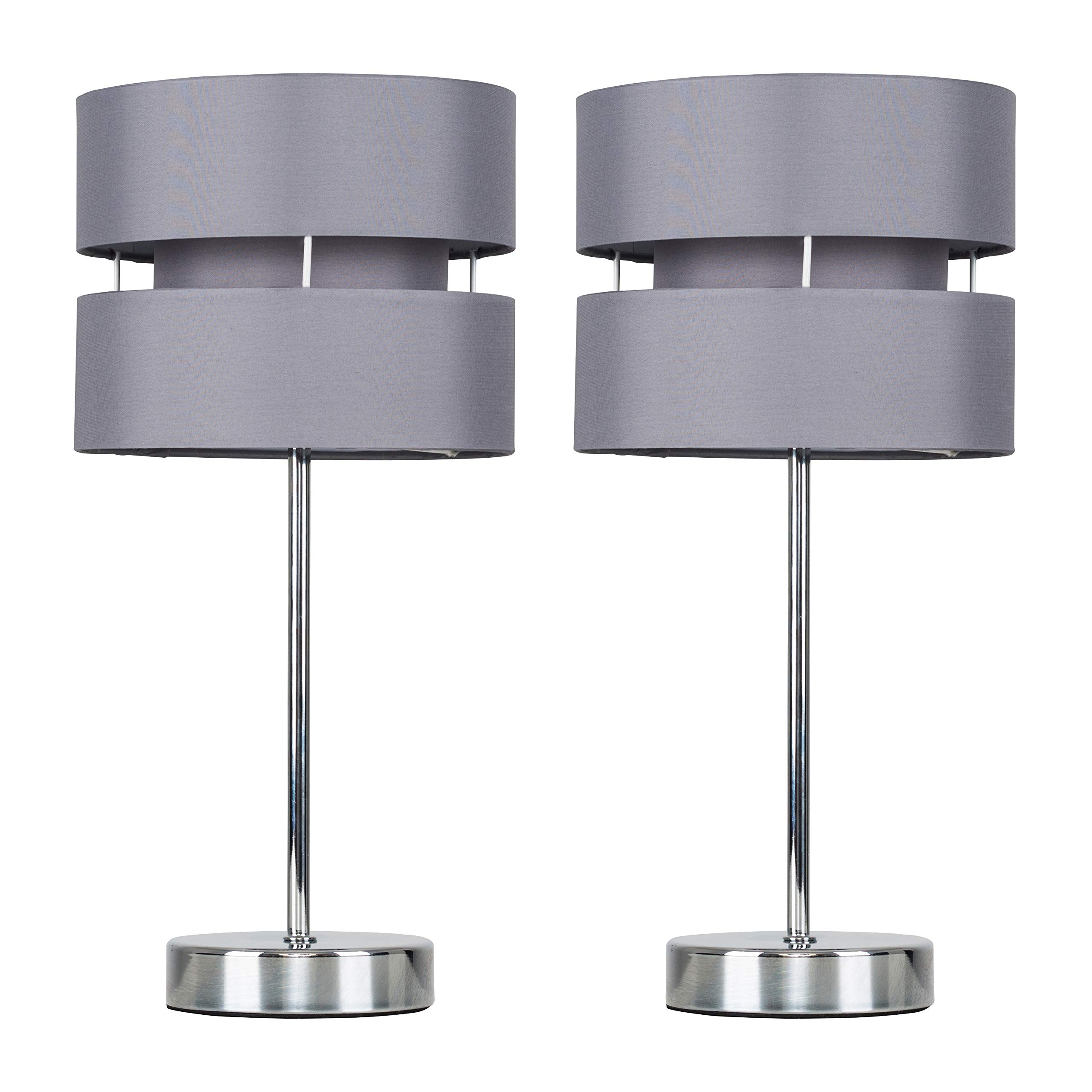 MiniSun | Pair of - Modern Silver Chrome Bedside Table Lamps with a Grey Shade | Table Lamps & Home Improvements Essential