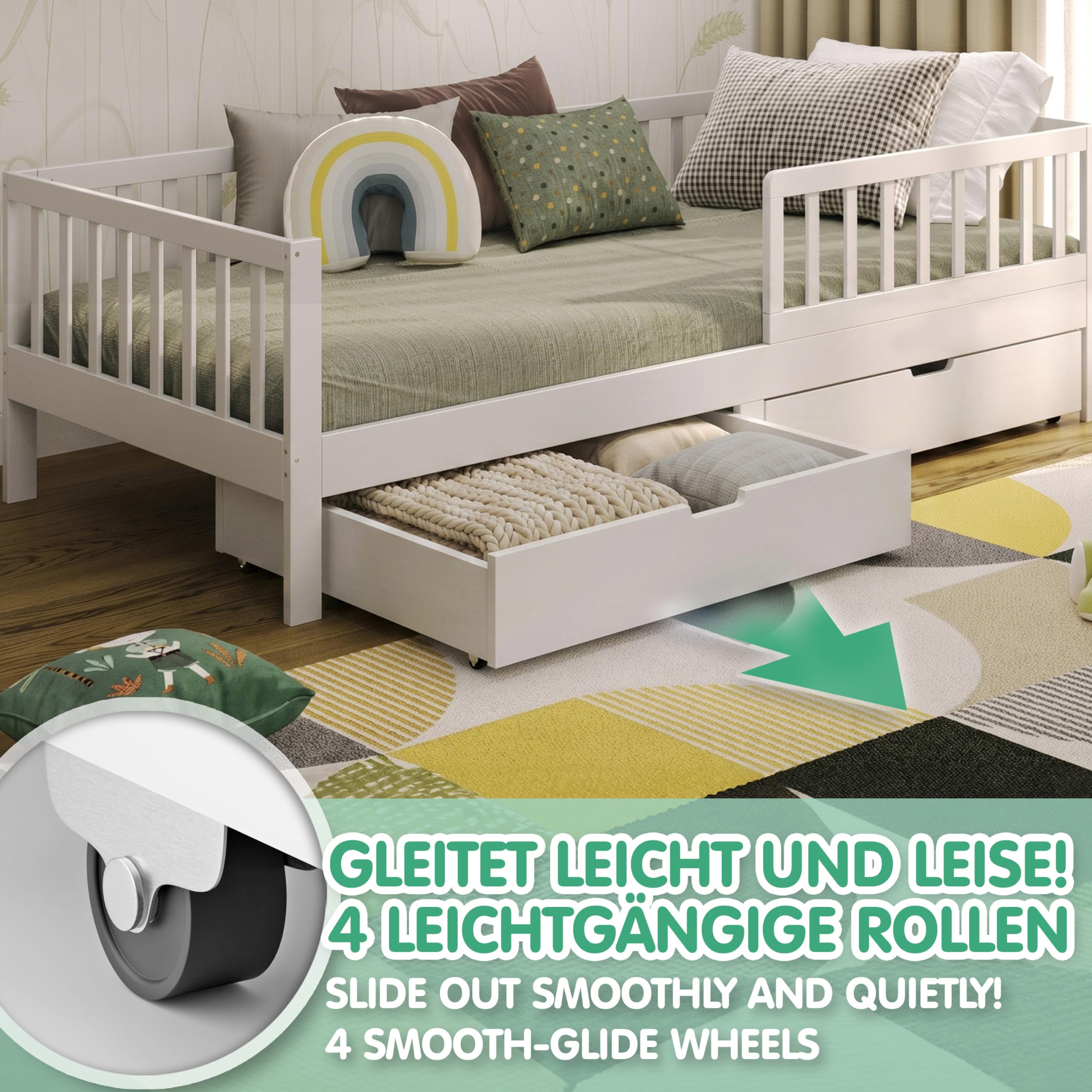 CADANI Bettkasten 2er Set Weiß mit Rollen – Unterbettkommode Holz – 86,5x58,5x12,5 cm – Bett Schublade für Bettwäsche Kleidung Spielzeug – Stauraum unter Bett