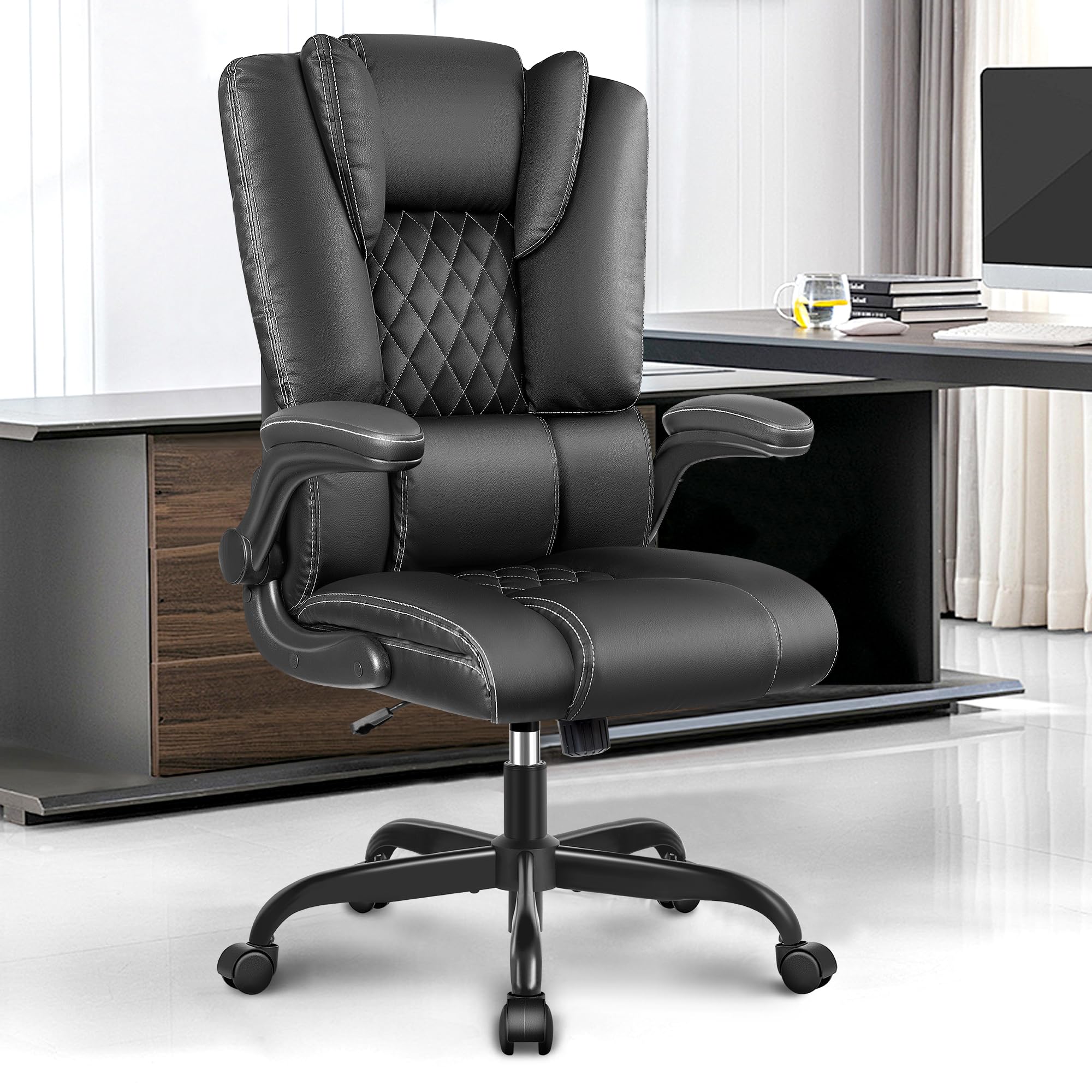 sedia ufficio ergonomica, sedia ufficio direzionale con schienale regolabile e braccioli pieghevoli, sedia scrivania con schienale alto, rotazione a 360º e supporto lombare, nero