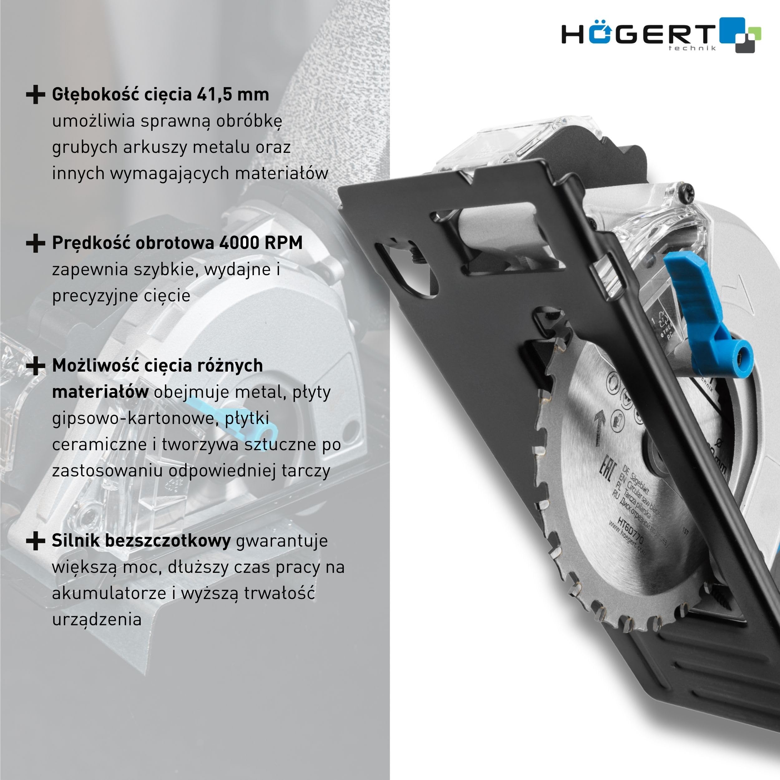 HÖGERT TECHNIK - bezszczotkowa akumulatorowa ręczna piła tarczowa 18 V mini piła tarczowa do metalu 120 mm 41,5 mm głębokość cięcia 4000 obr./min kompaktowa lekka aluminiowa osłona prowadnica
