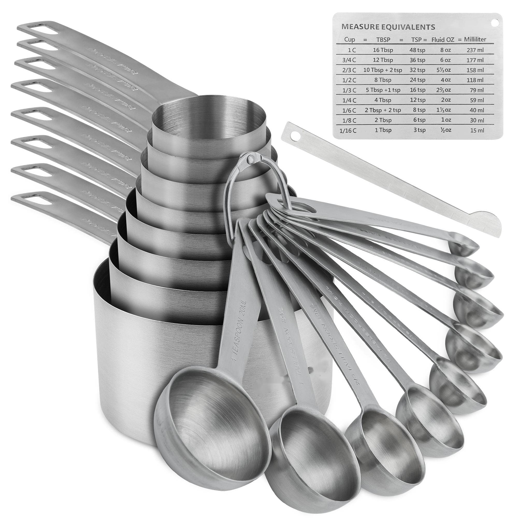 Nstezrne Measuring Cups and Spoons Set, 18/8 Stainless Steel 8 Measuring Cups and 9 Measuring Spoons with Leveler and Measurement Enquivalents, Kitchen and Baking Measure Cups Spoons Set of 19