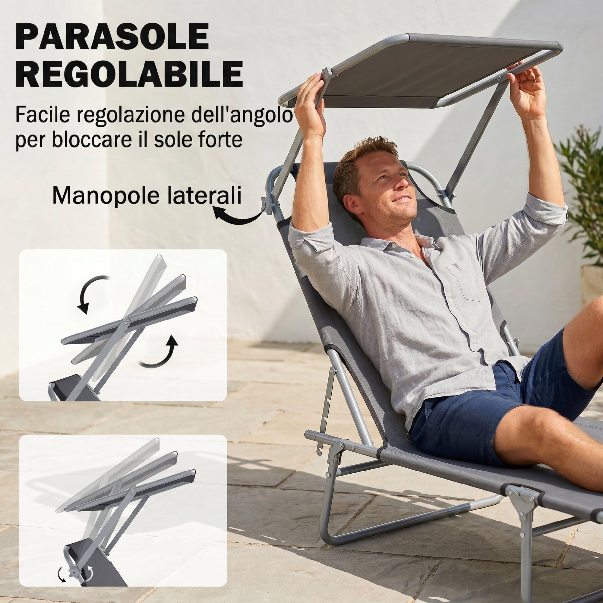 Outsunny Sdraio da Giardino Pieghevole con Tettuccio Schienale Regolabile in Tessuto Oxford e Metallo 187x58x36 cm Grigio