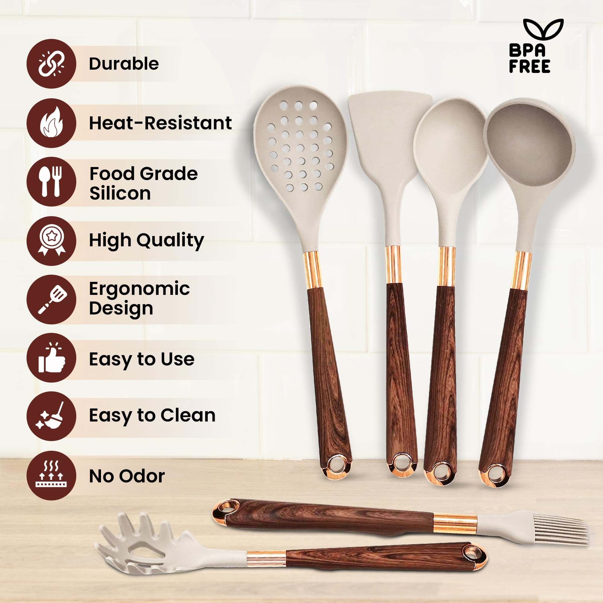 Silicone Cooking Utensils Set - Heat Resistant 6-Piece Cooking Utensils Set with Wooden Grain Handles - BPA free - Non Scratch & Non Stick Silicone Kitchen Gadget Spatulas Set - 446°F Heat Resistant