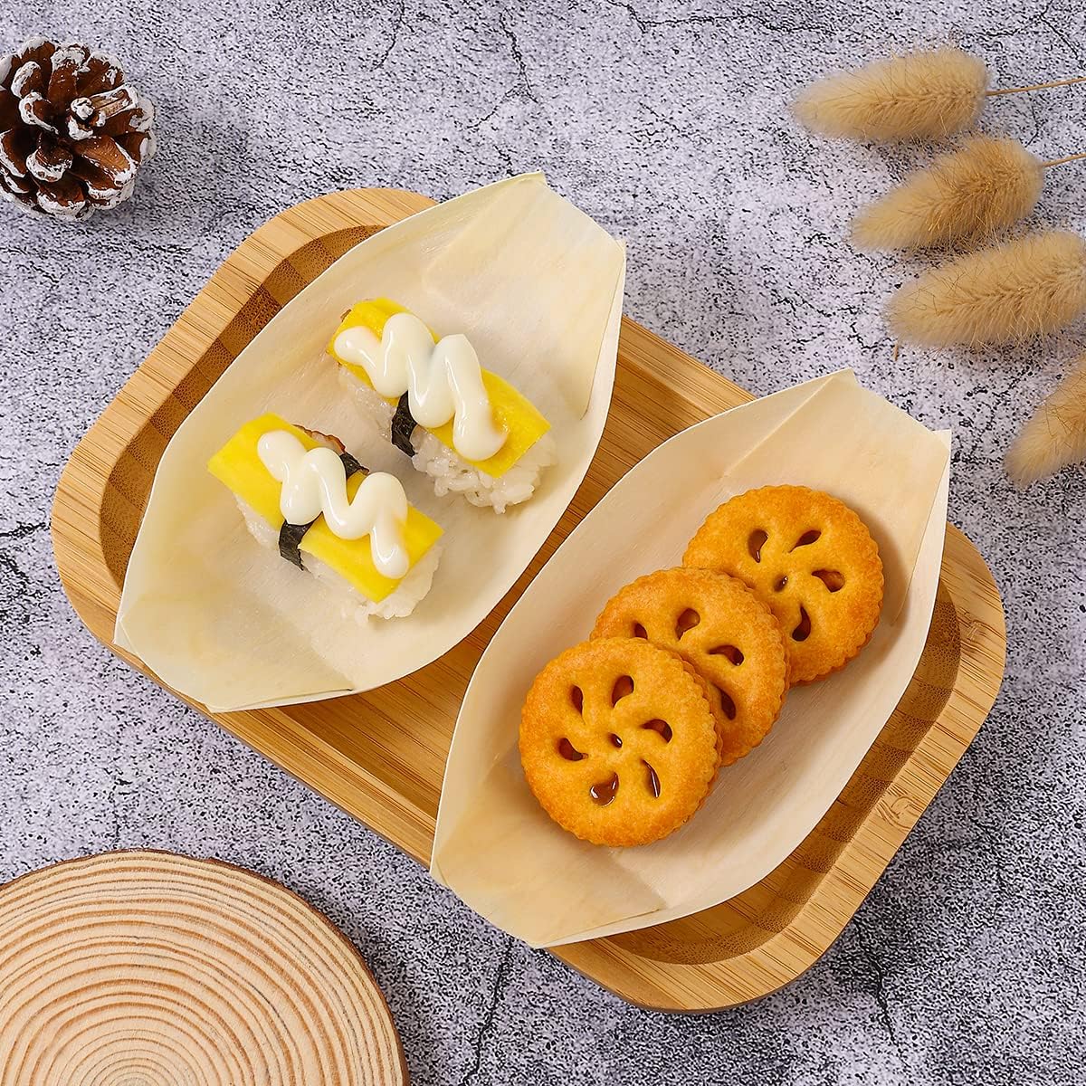 WATHFKCU 5.7 Inch Disposable Bamboo Wooden Sushi Boat Plate Bamboo Appetizer Plates Dishes Sushi Serving Tray Wooden Leaf Boat with 100Pcs Bamboo Picks (5.7inch)