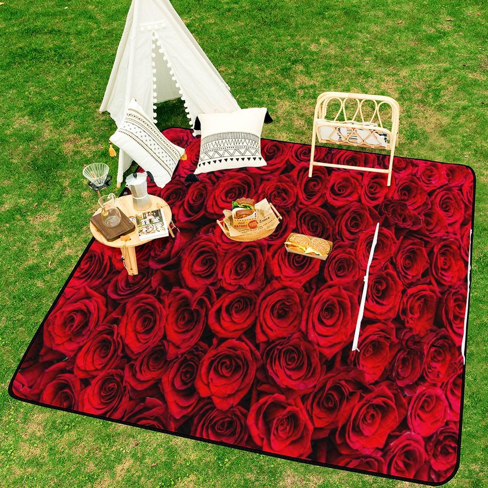 Belle couverture de pique-nique motif rose romantique avec sangle de transport pliable imperméable tapis de sable pour camping en plein air tapis de plage d'été 200 x 200 cm