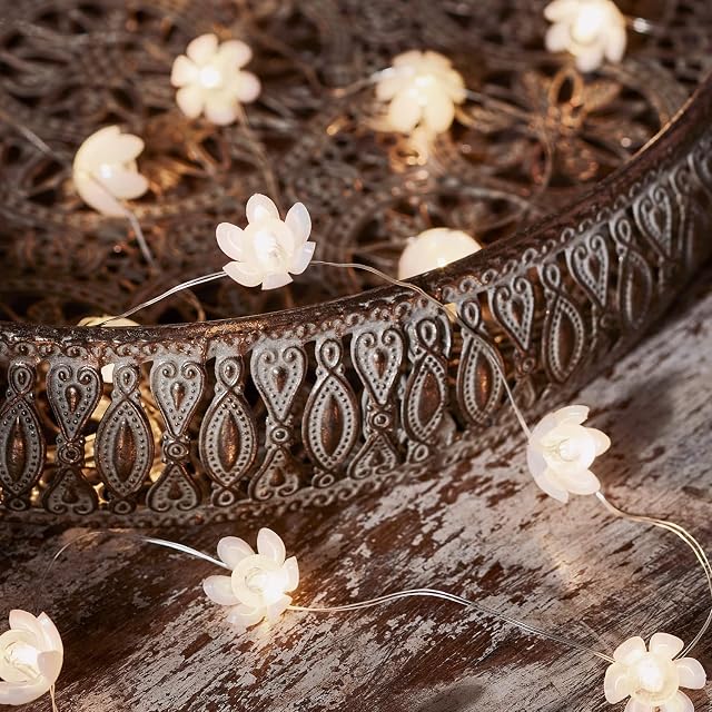 Lights4fun 20 White Lotus Flower Battery Operated Micro LED Silver Wire String Fairy Lights with Timer