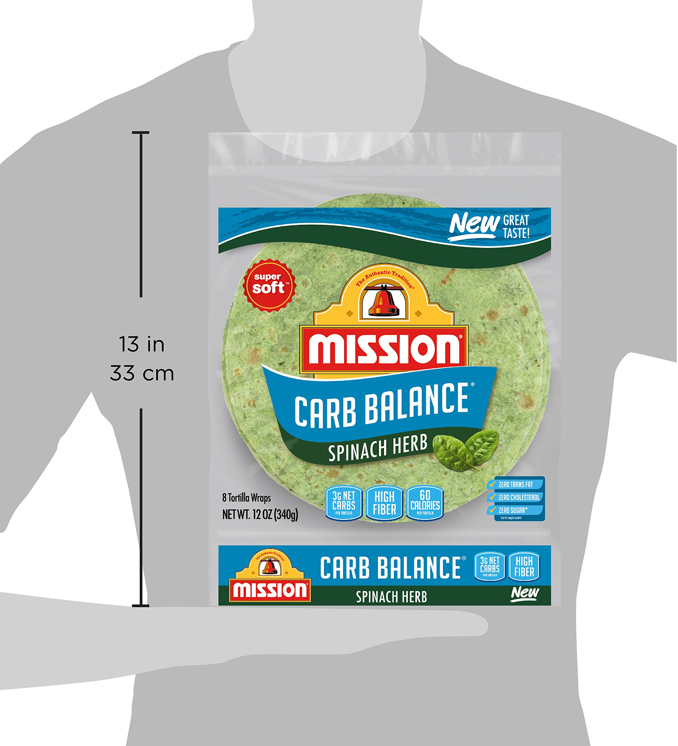 Mission Carb Balance Spinach Herb Tortilla Wraps, 8 Count, Low Carb, Keto, High Fiber, No Sugar