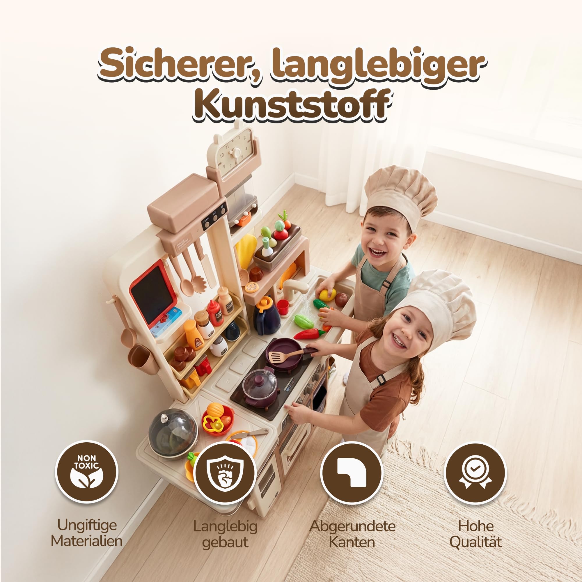 Kinderküche mit Licht, Sound, Wasser & Dampf – Realistische Spielküche ab 3 Jahren – 88-teiliges Zubehör, Eierkocher, Tafel & Dunstabzug – H 93 cm, Stabiler Kunststoff mit Waschmaschine
