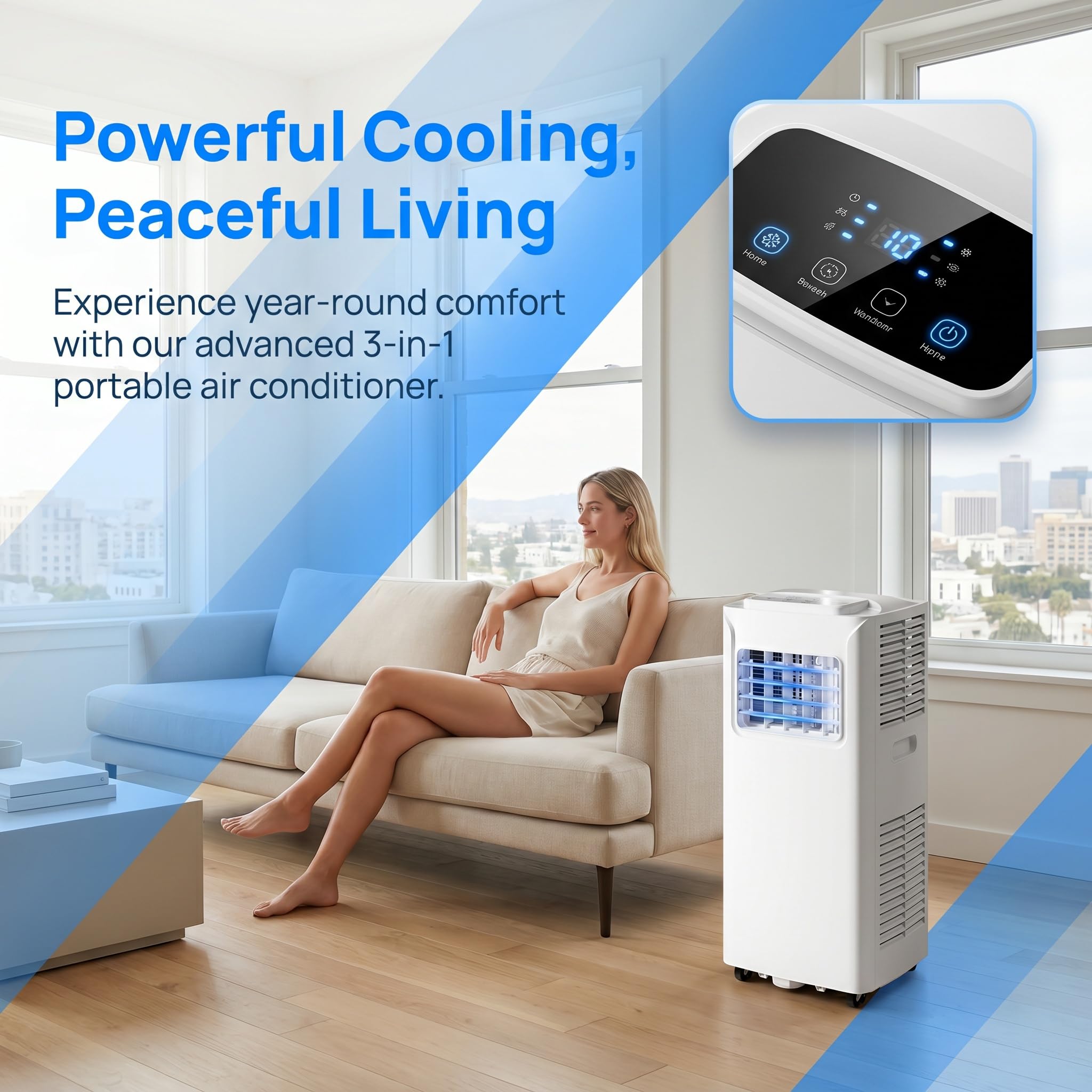 Condizionatore portatile 14000 BTU a basso consumo energetico con kit di installazione, 2 velocità, timer 24 ore e display digitale, ventola di raffreddamento per casa e grandi stanze