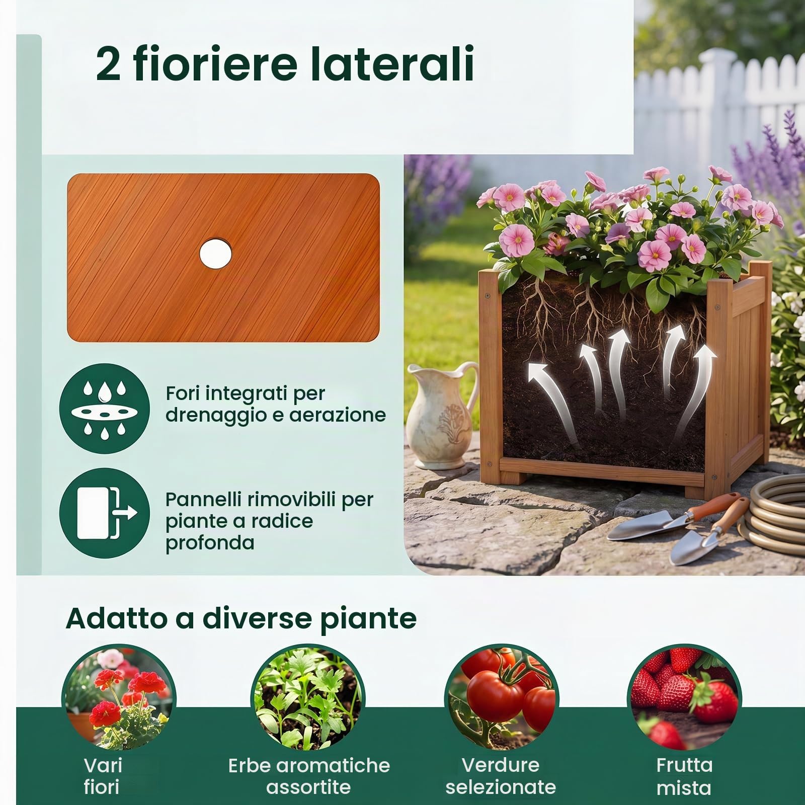HOMASIS Arco da Giardino con Fioriera, Pergolato per Piante Rampicanti in Legno di Abete, Arco da Esterno con Cancello Chiudibile, Fori di Drenaggio e Pannello Rimovibile, 185 x 46 x 210 cm