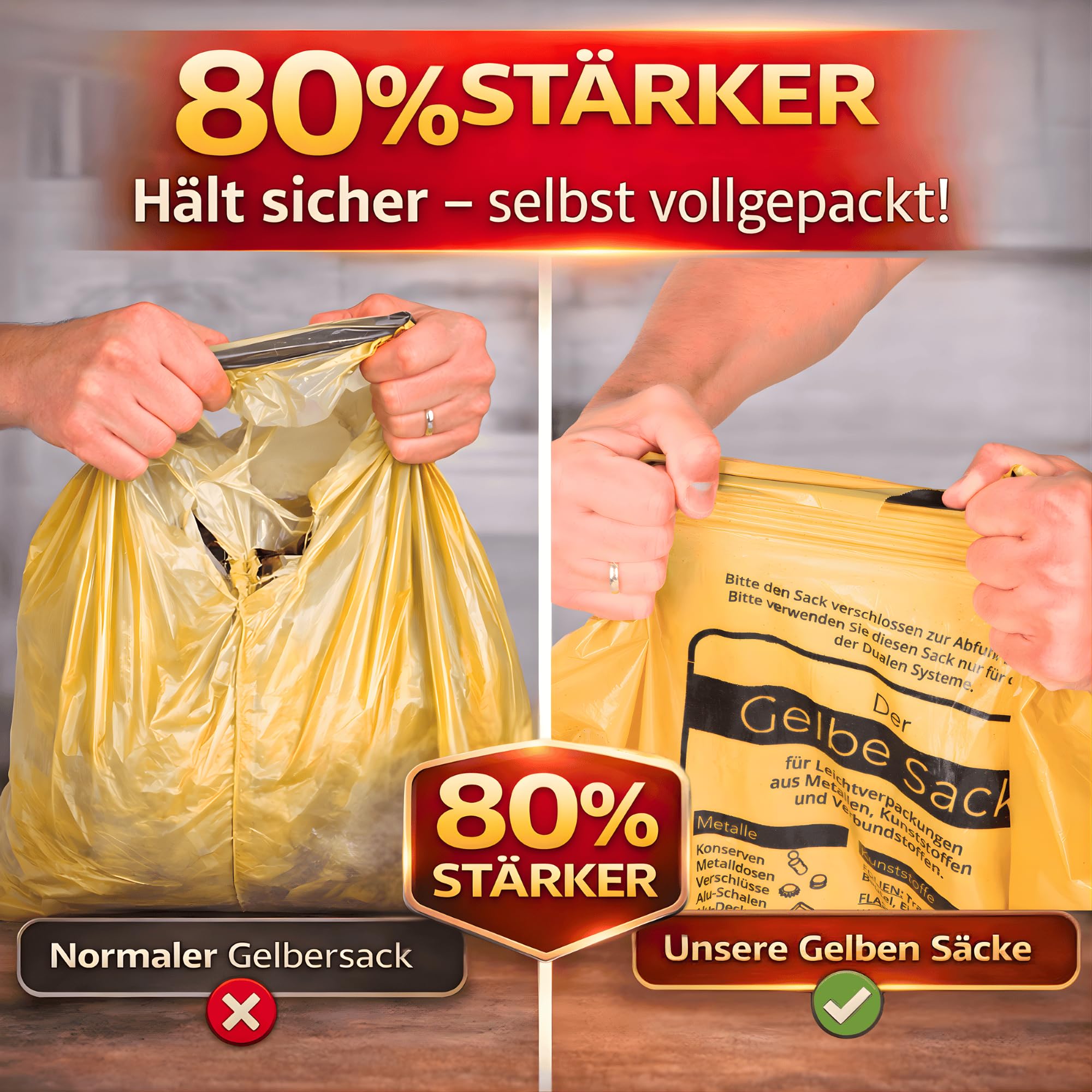 extra starker Gelber Sack 27µ, 5 Rollen Gelbe Säcke, 90 Liter, (die stärksten)- Wertstoffsack DSD konform (5)
