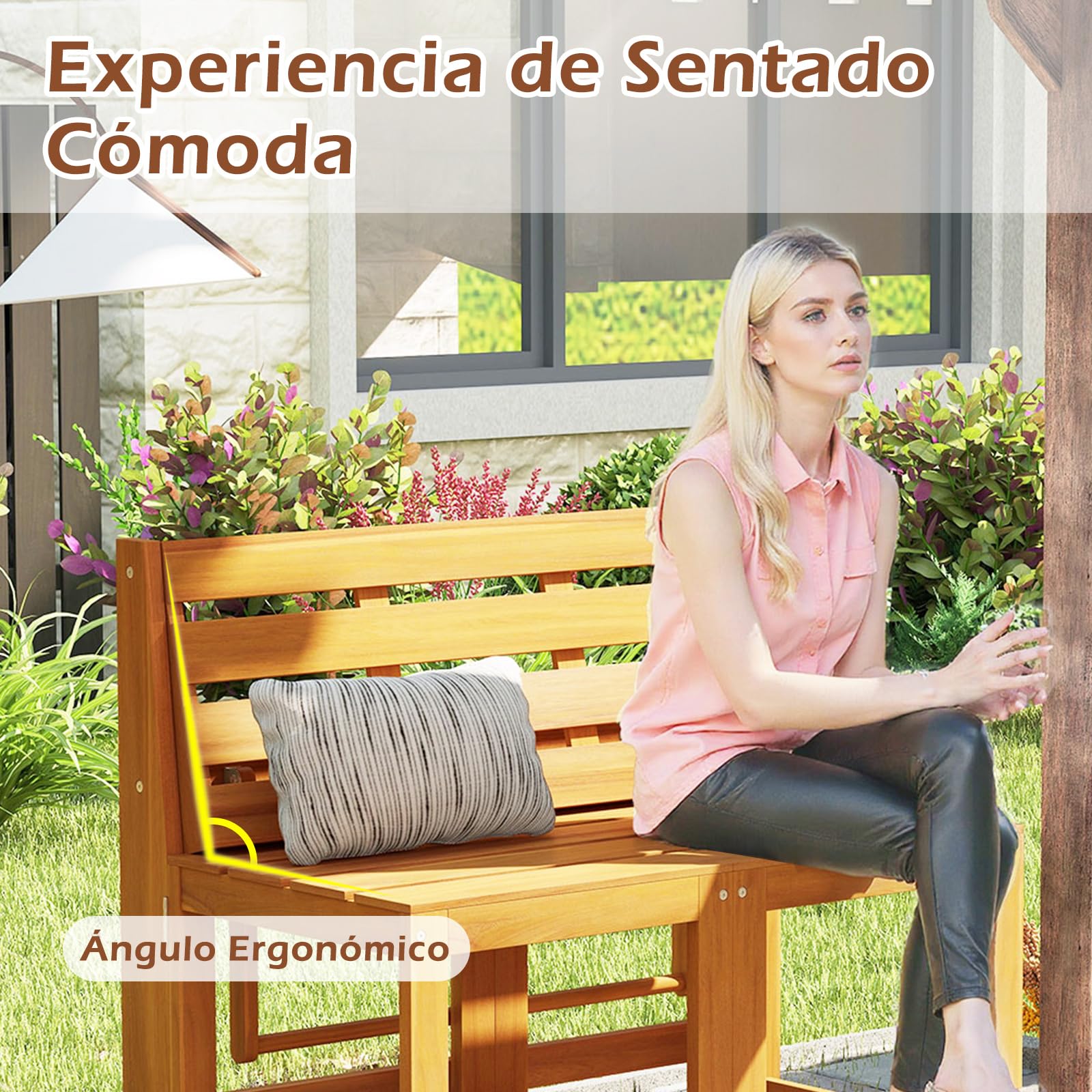 GOPLUS Banco Convertible 3 en 1 de Exterior, Banco de Madera de Acacia de 2 Plazas, Juego de Mesa y Sillas de Jardín, Asiento de Listones, Soporte de Plantas Multifuncional para Patio Terraza Porche