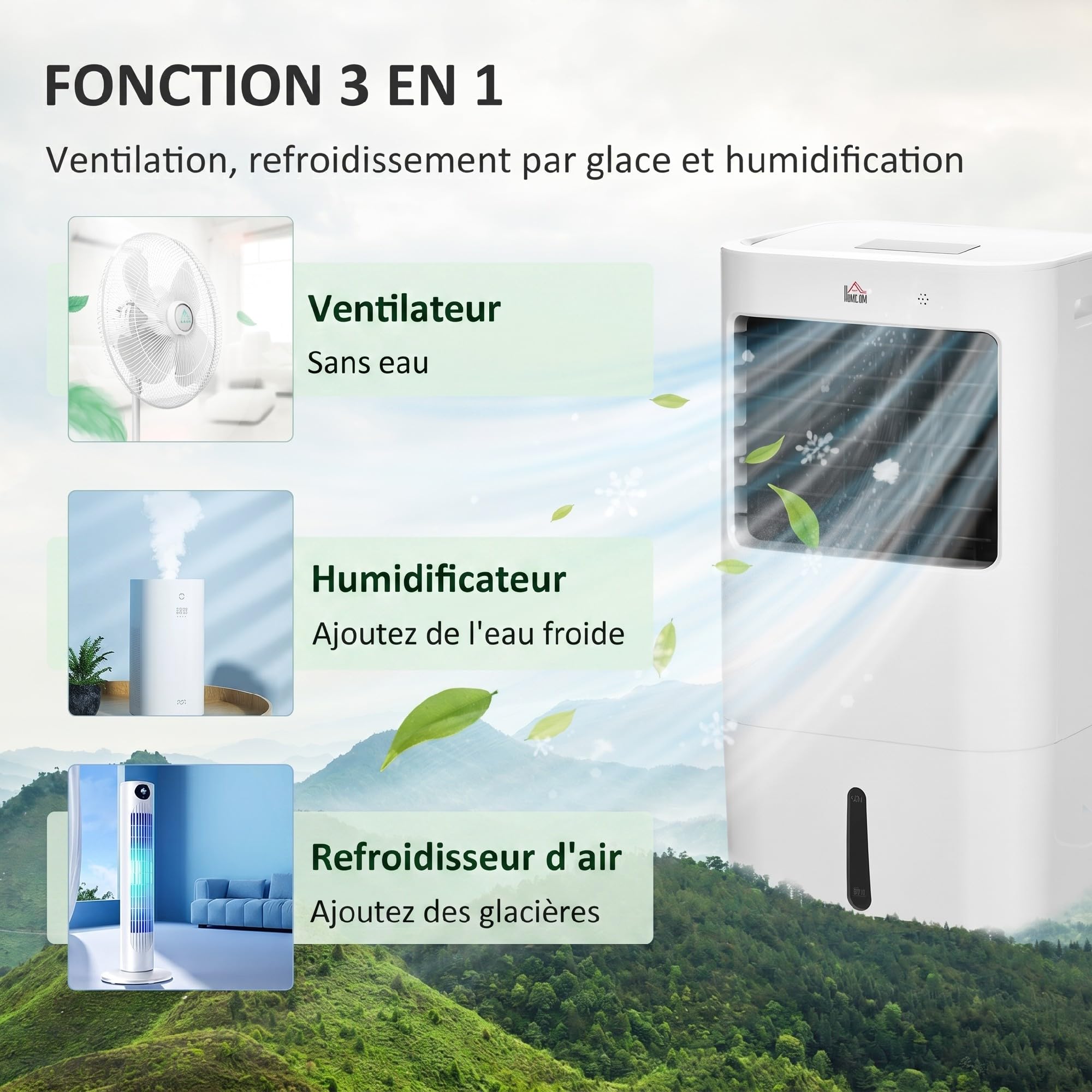 HOMCOM Refroidisseur d'air portable 65 W 3 en 1 avec ventilateur par évaporation, réservoir d'eau 15 L, oscillation, télécommande, 3 modes, minuterie 8H, refroidit 20 m², blanc