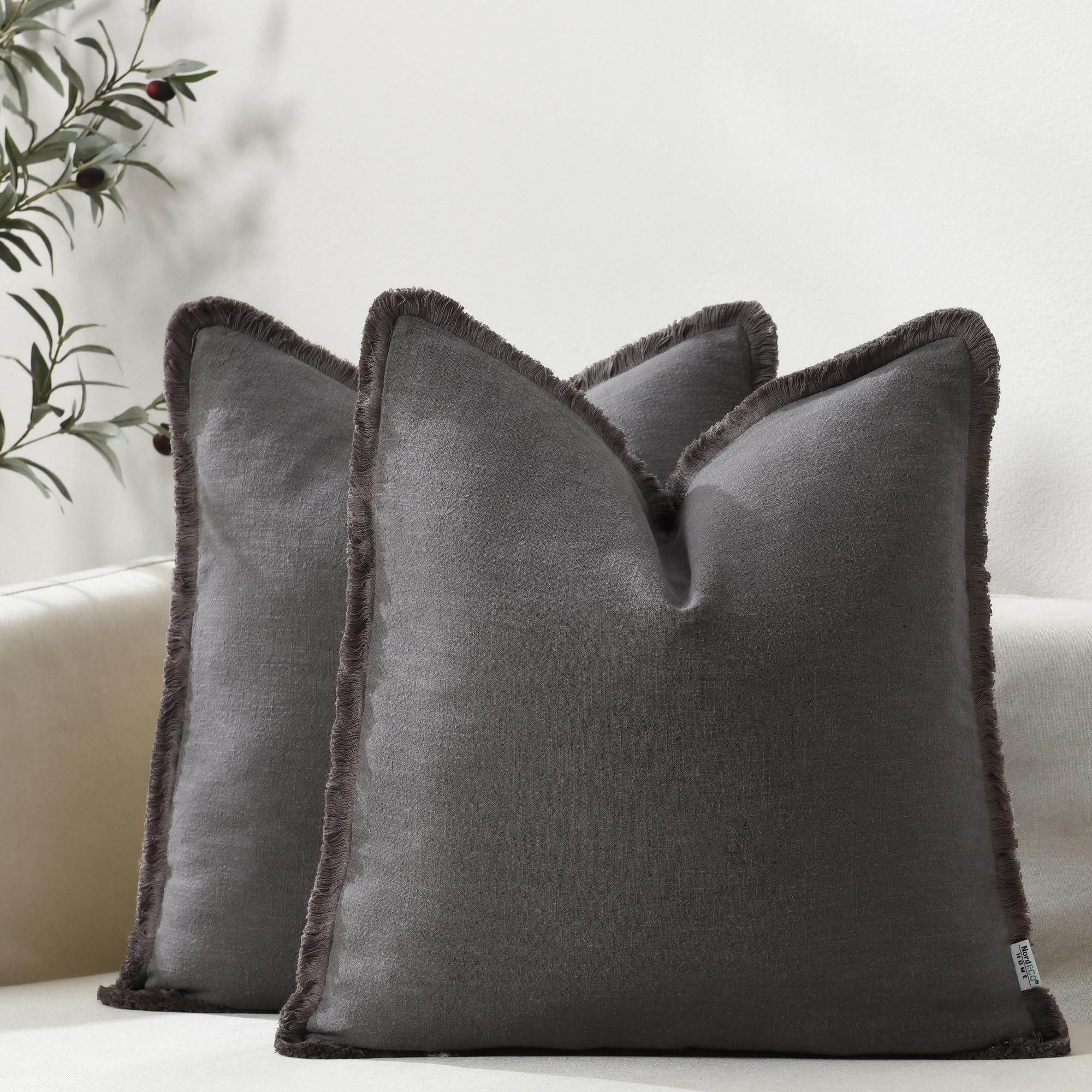 Housses de coussin en lin gris foncé 45x45 cm style rustique et bohème (lot de 2)