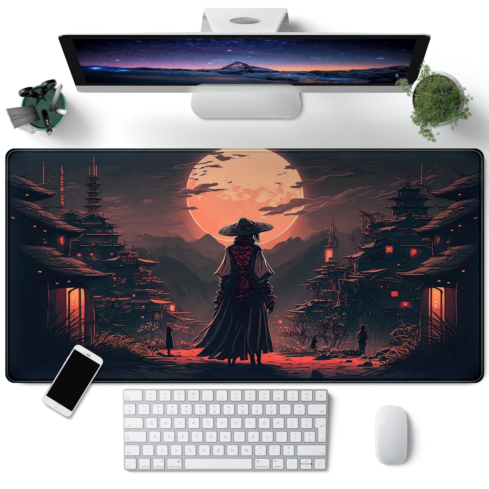 CYZFF Japanese Landscape Desk Mat Post Moonlight Samurai Mouse Pad Large Dark Aesthetic Desk Pad Gaming Mousepad Extended XXL 31.5 x 15.7 in Laptop Computer Mouse Keyboard Mat