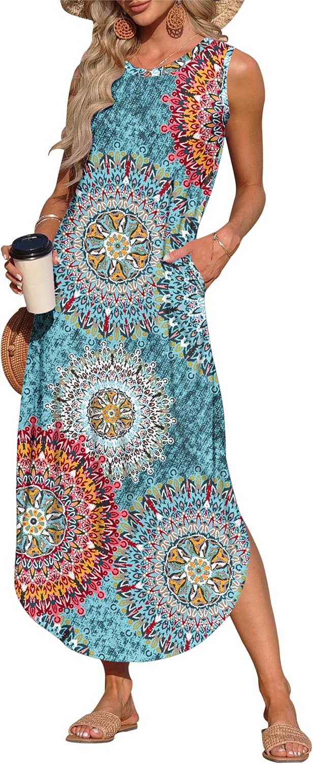 AUSELILY Womens Summer Dresses 2025 Casual Sleeveless Maxi Dress Loose Crewneck Sundresses Split Long Tank Dress with Pockets