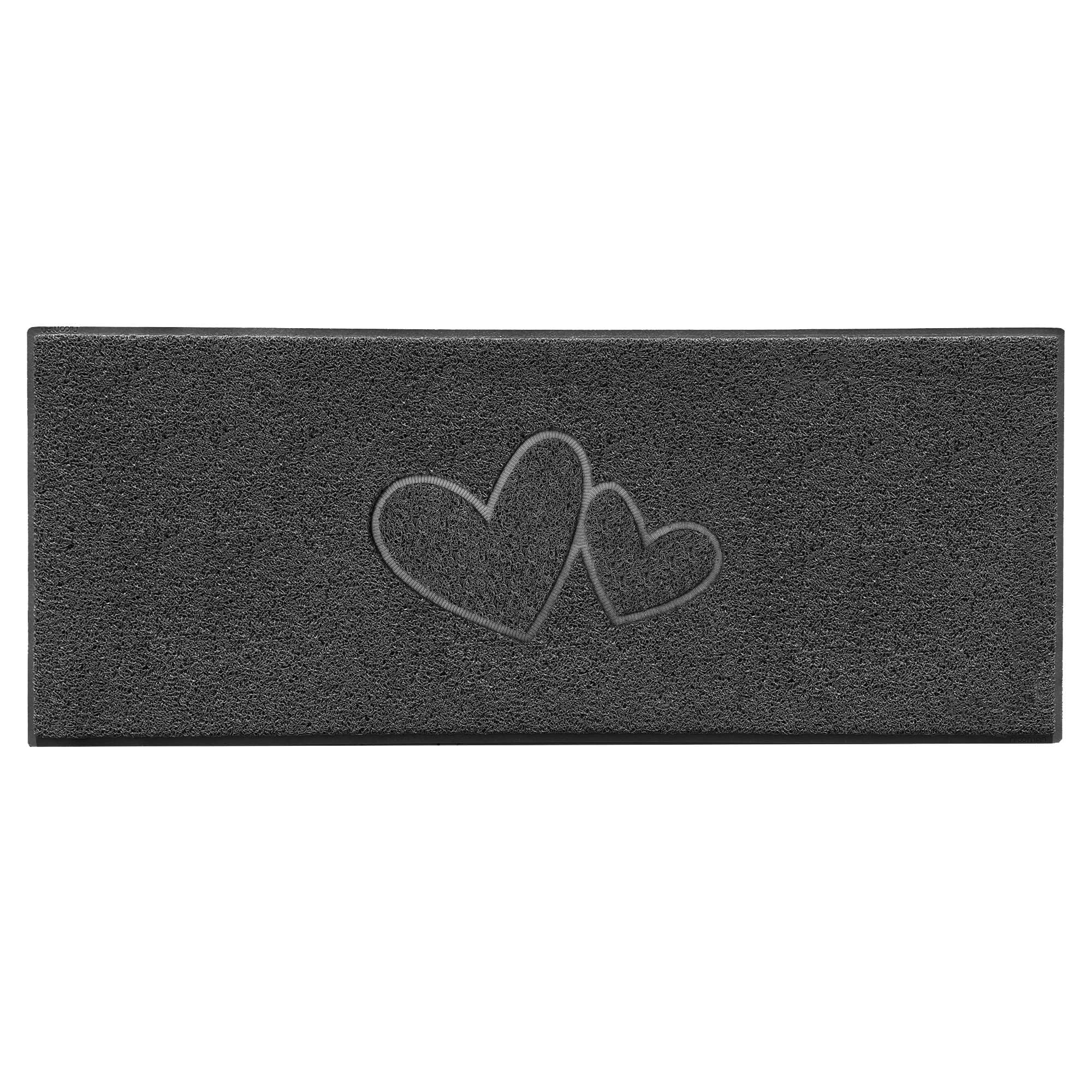 Nicoman Double Heart Embossed Shape Door Mat Dirt Trapper PVC Spaghetti Mat Washable Quick Drying Barrier Doormat-Dark Grey (Watertight Rubber-Back)-Runner (150x60cm)