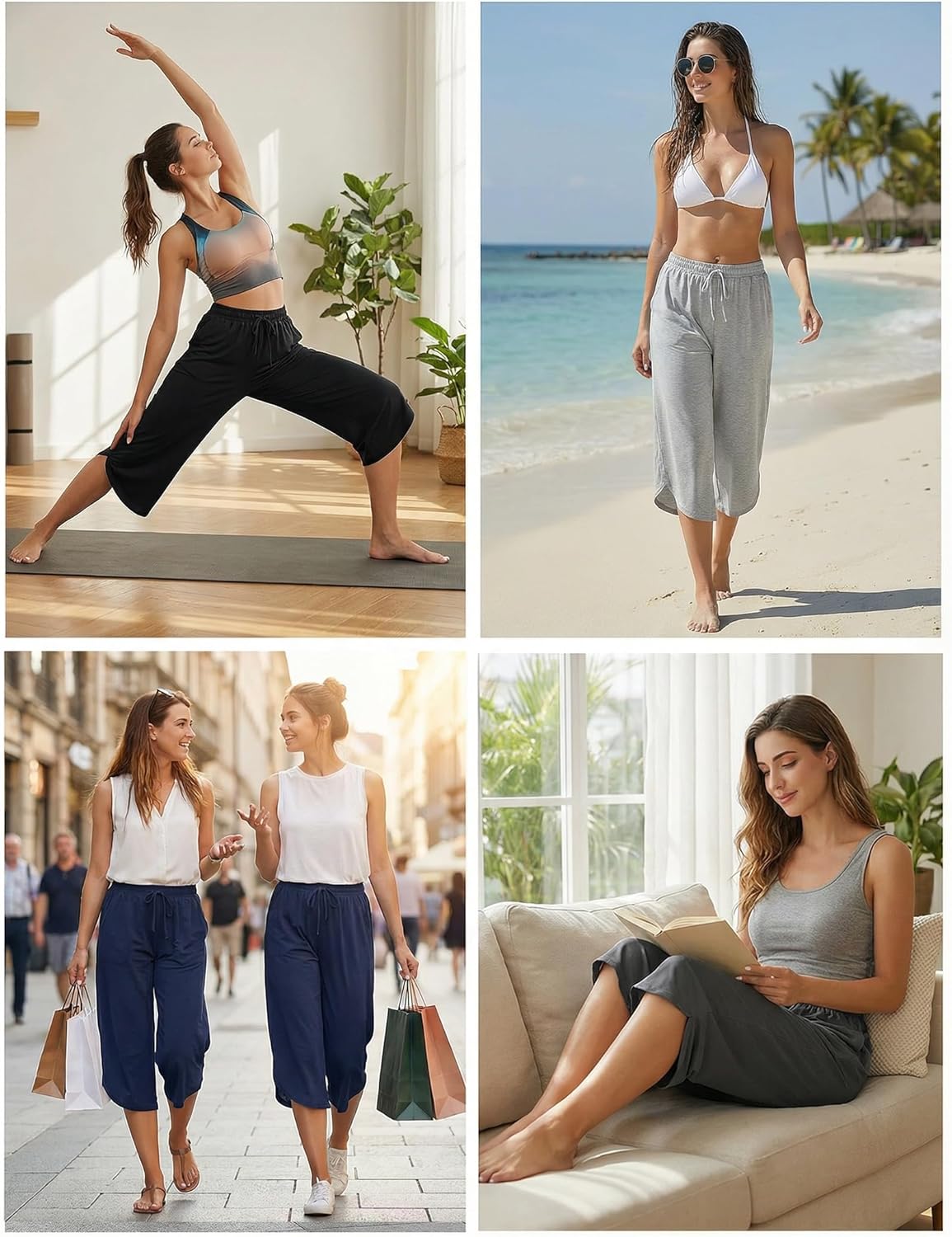 Ekouaer Womens Pajama Pants Capri 2026 Wide Leg Lounge Pj Pants Summer Comfy Drawstring Pajama Bottoms with Pockets - Image 4