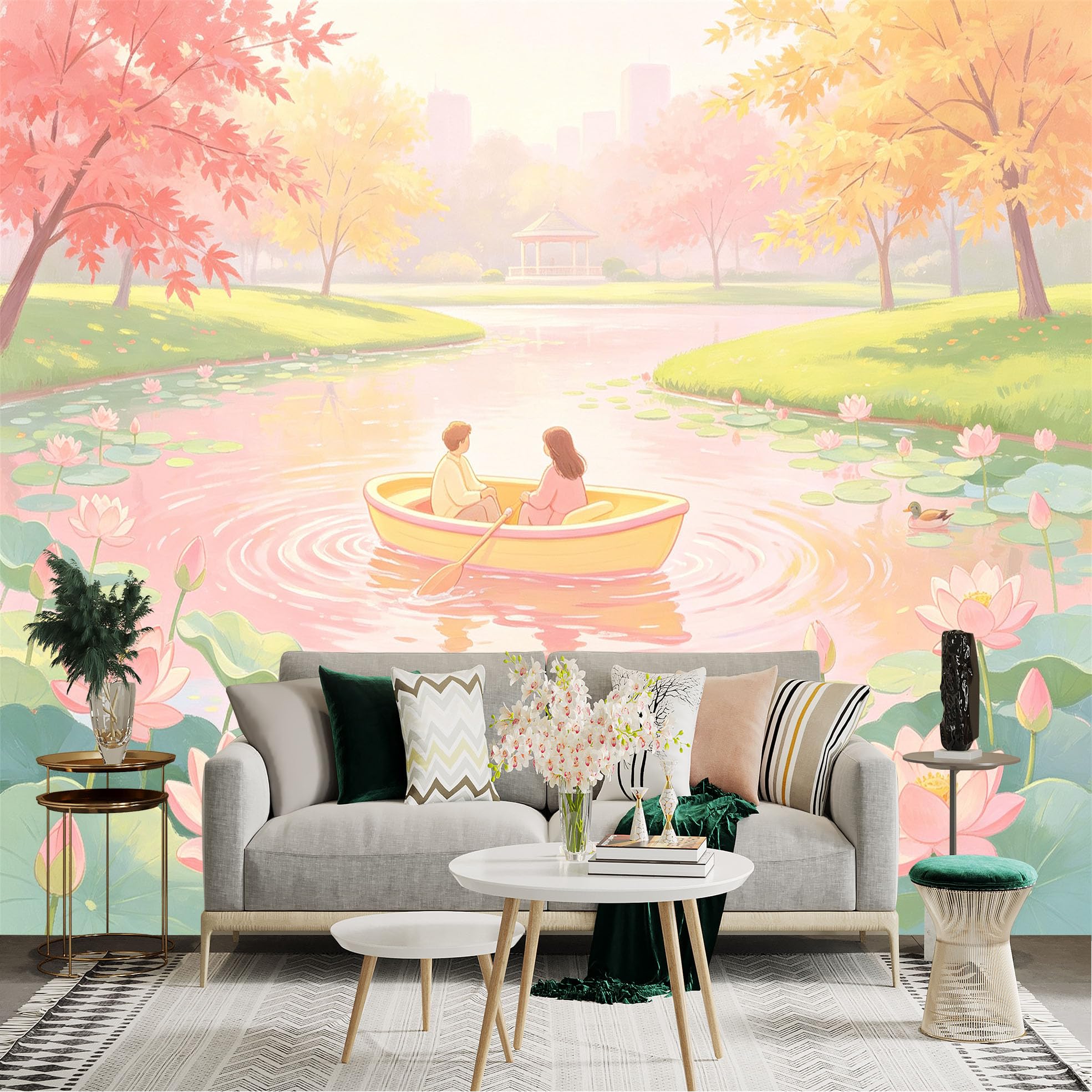Custom Size Wall Sticker Mural， Couple Boating in Lotus Pond， Peaceful Pastel Landscape， Serene Water Garden with Ducks， for wall Decoration， peelandstick wall Decals.