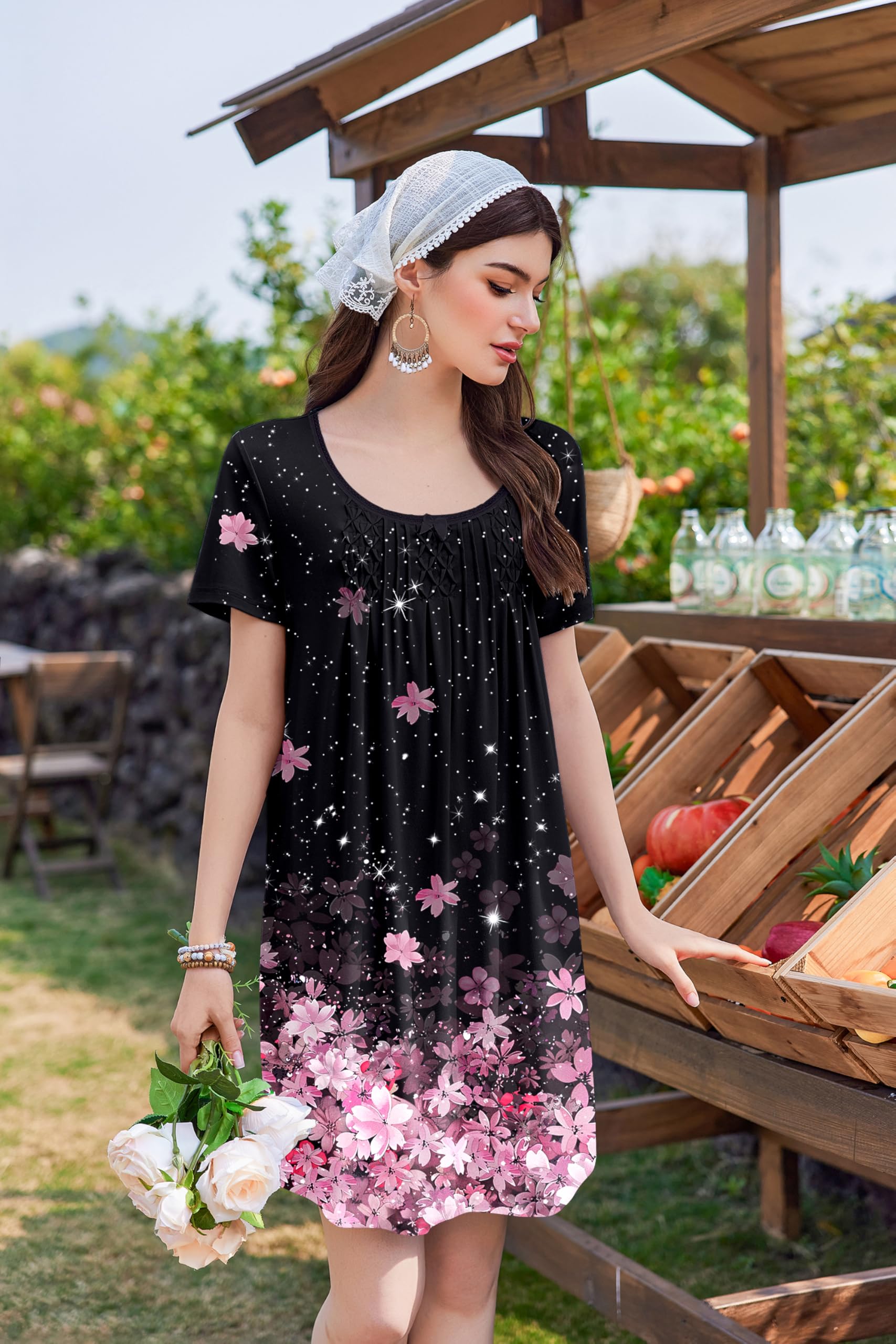 Ekouaer Camicia da Notte Donna Estiva con Inserti Pizzo e Stampa Floreale Pigiama Maniche Corte con vestibilità Rilassata