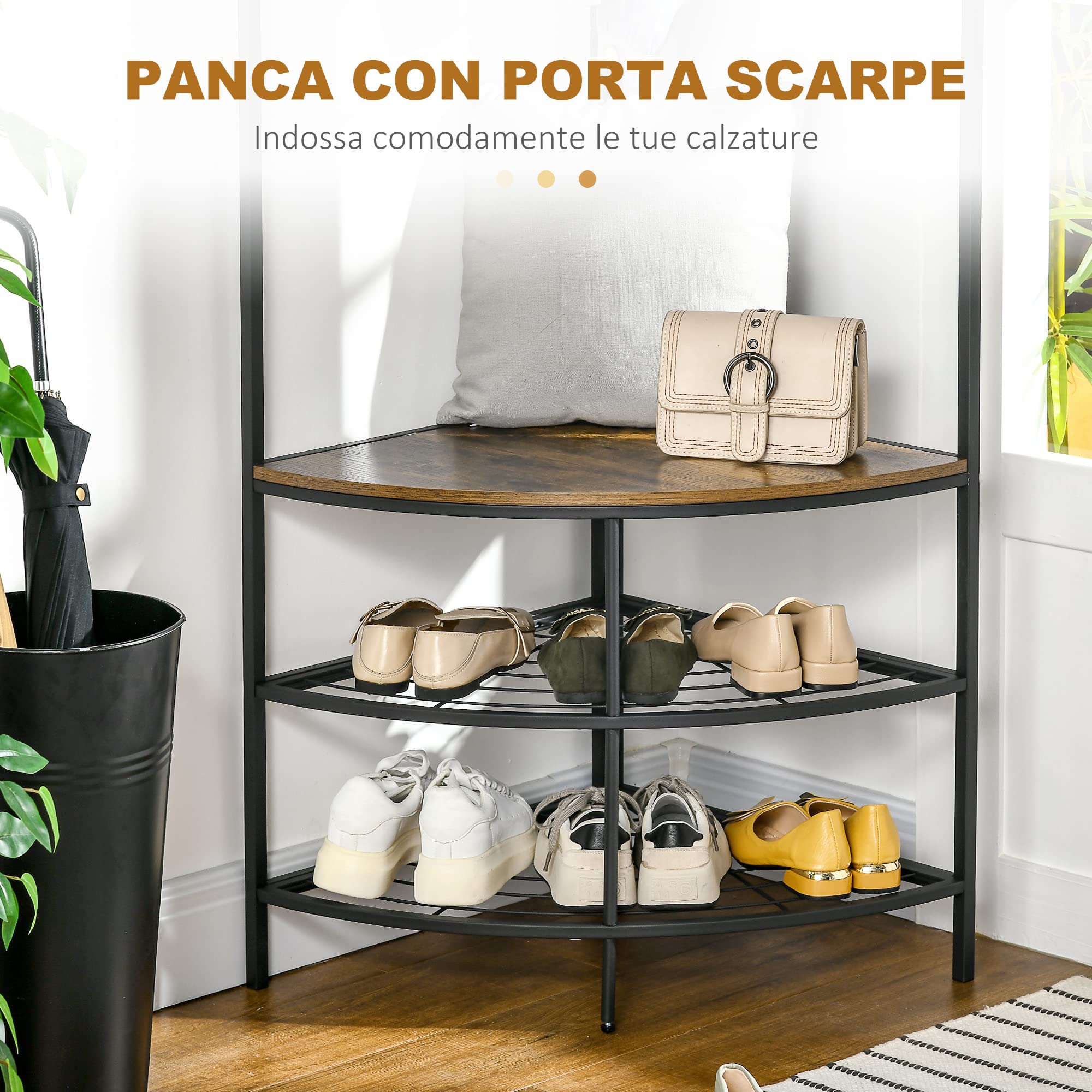 HOMCOM Attaccapanni da Terra con Ganci, Mobile Ingresso Appendiabiti da Terra Angolare con Panca e Scarpiera, Mensola in Stile Industriale, 50x50x183cm, Marrone