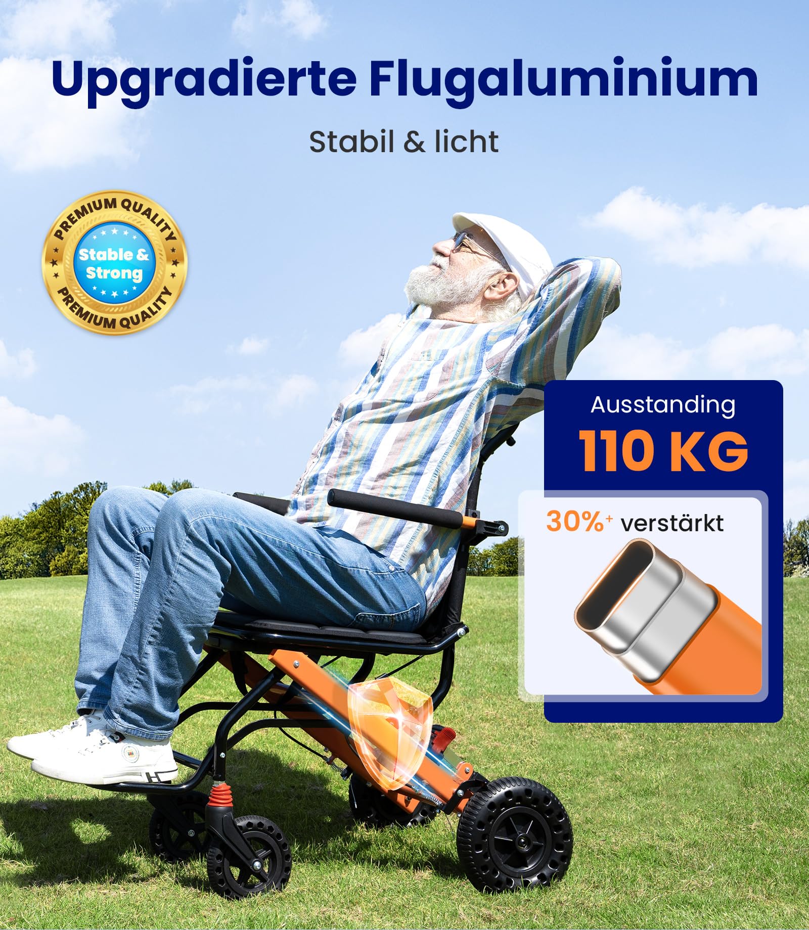 VOCIC U41 Sedia a Rotelle Pieghevole Ultraleggera 8.6KG | Carrozzina da viaggio in alluminio,gomme 20CM a favo per tutti i terreni,stretta 51CM,braccioli pieghevoli|Arancione