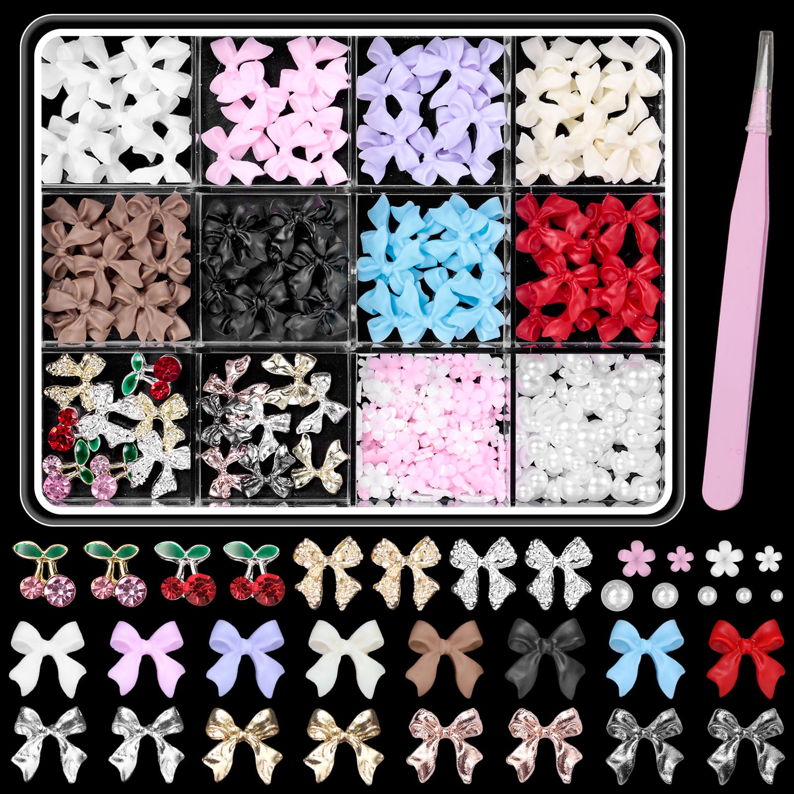 3D Bows Nail Charms and Gems, Color Bows for Nails Bow Tie Nail Art Charms Silver Gold Nail Bows Metal Bows Nail Charms, Alloy Bowknots Cherry Nail Gems Flowers Nail Art Supplies