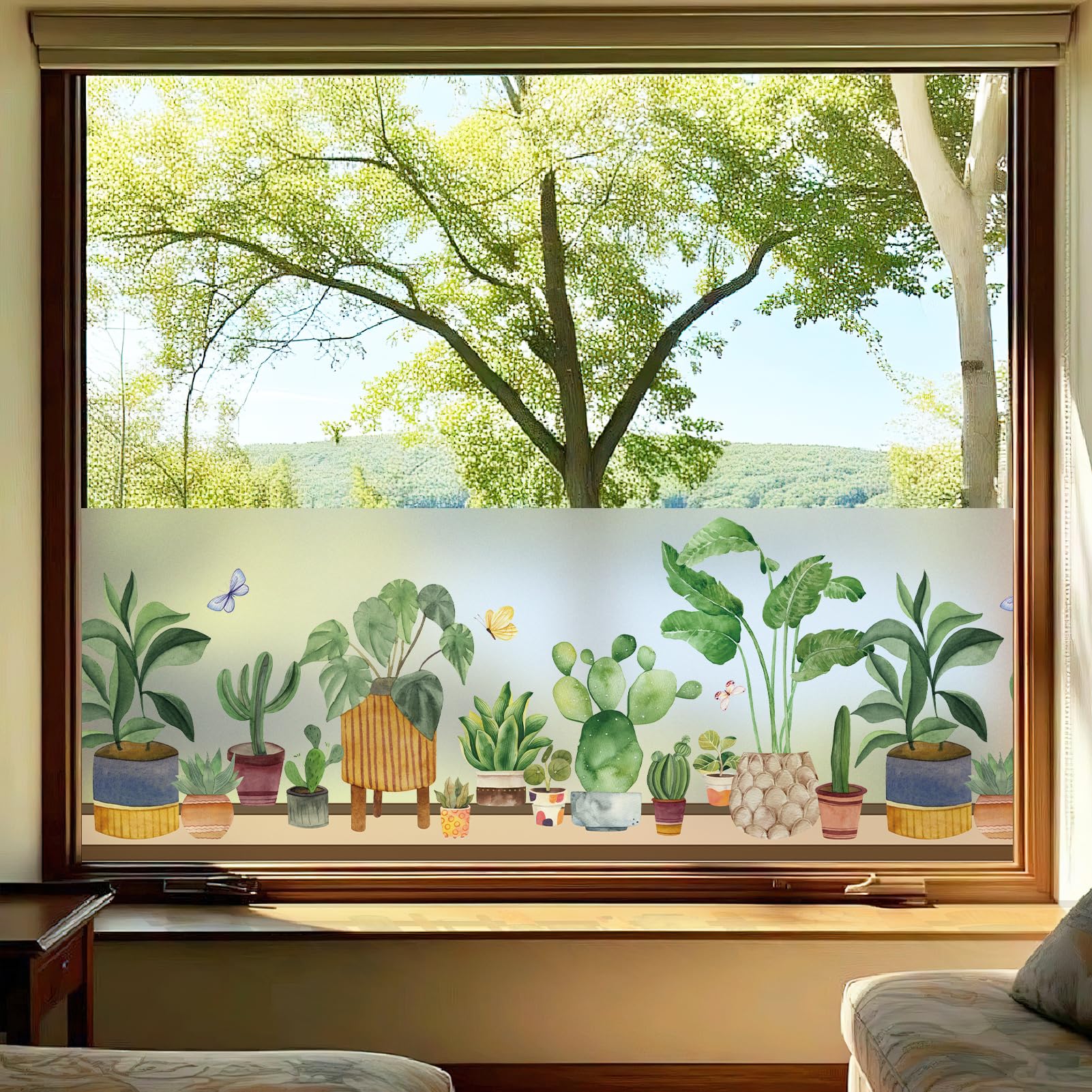 dktie Statisch haftende Fensterfolie, Mattiert Sichtschutzfolie mit Buntem Topfpflanzen-Muster, Anti-UV Blendfreier Sonnenschutz Folie, Fensteraufkleber für Wohnzimmer Küche Büro 90x200cm