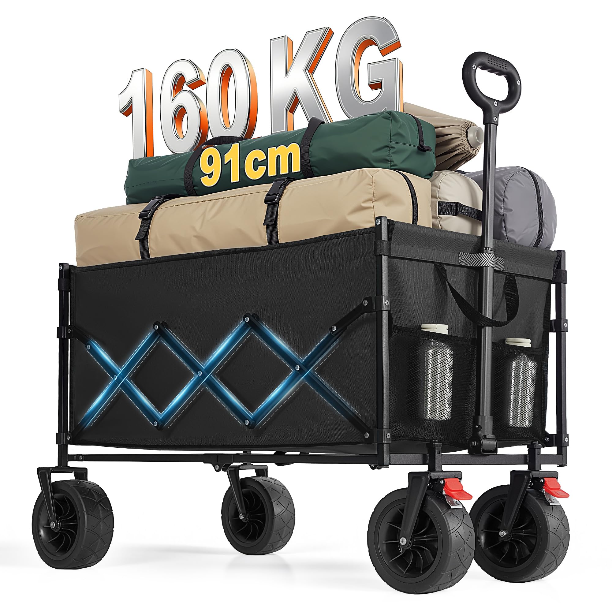 SONGMICS Bollerwagen faltbar, Handwagen mit Griff, Gartenwagen, für Camping, 4 verstärkte Rollen, Davon 2 Universalräder, Outdoor Garten, bis 180 kg belastbar, 200 L, tintenschwarz GFW201B101