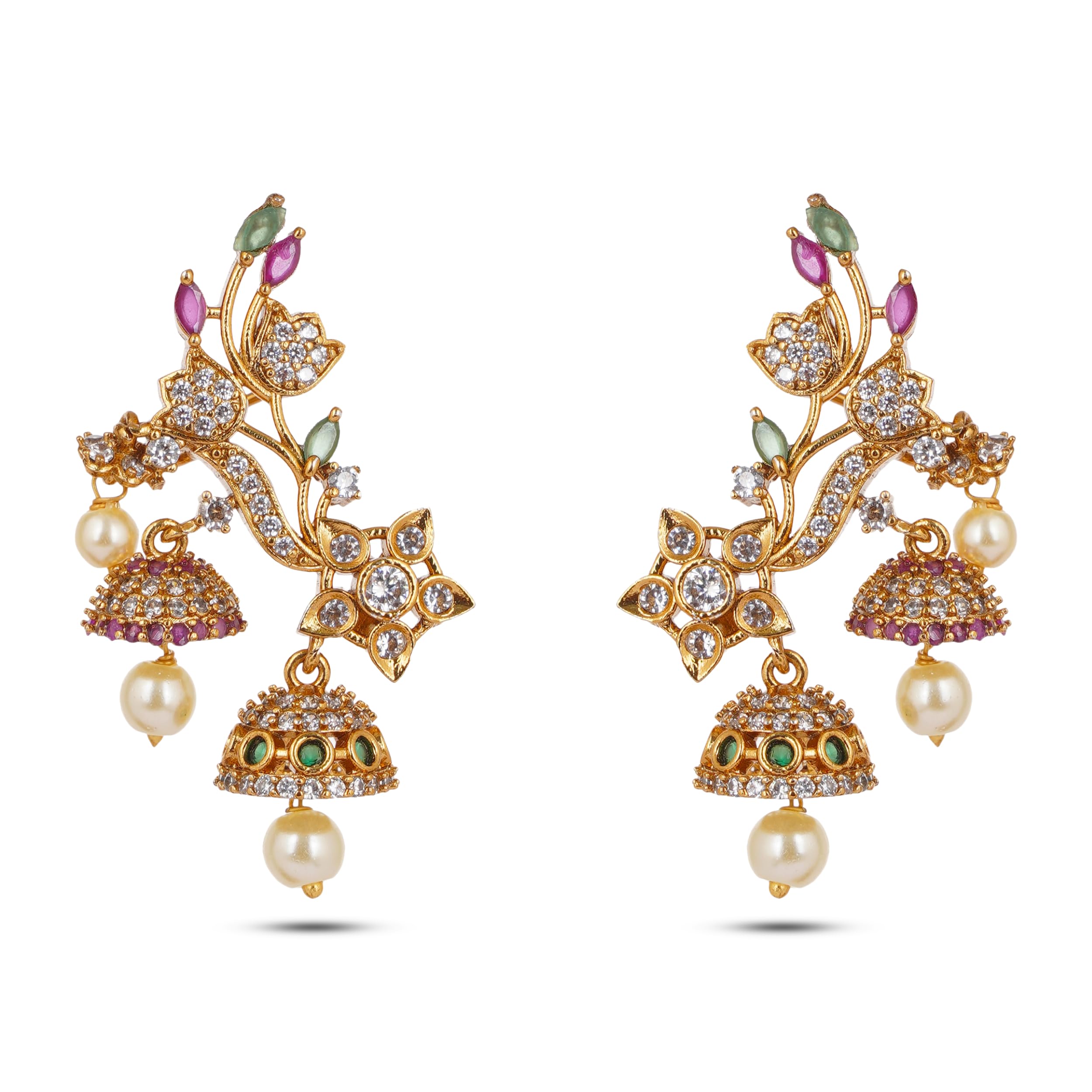 Floral Ear Cuff Jhumka Earrings With AAA Grade Brilliant Zircon Studded and Pearl Drop, Antique Gold Plated Traditional Jewellery For Women and Girls-image-15