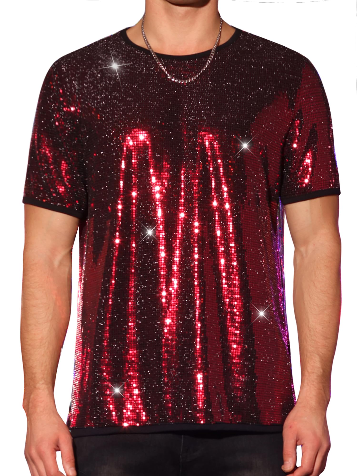 Lars Amadeus Camicie con paillettes da uomo a maniche corte girocollo magliette per feste in discoteca